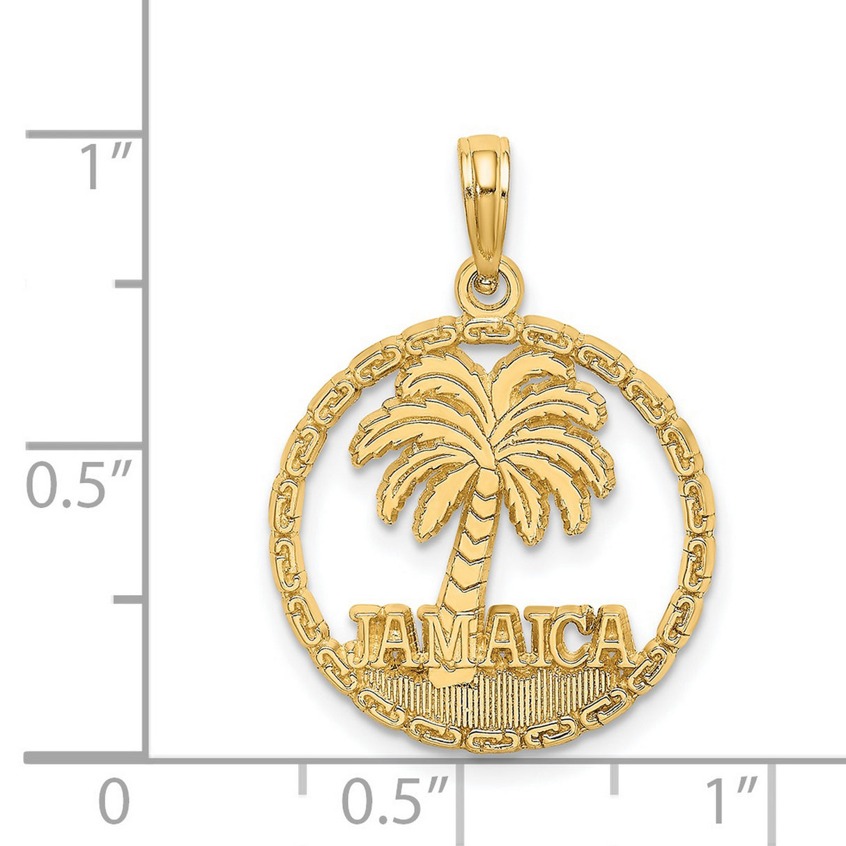 14k Yellow Gold Palm Tree Pendant with Textured Circle Border, Jamaica Travel Charm