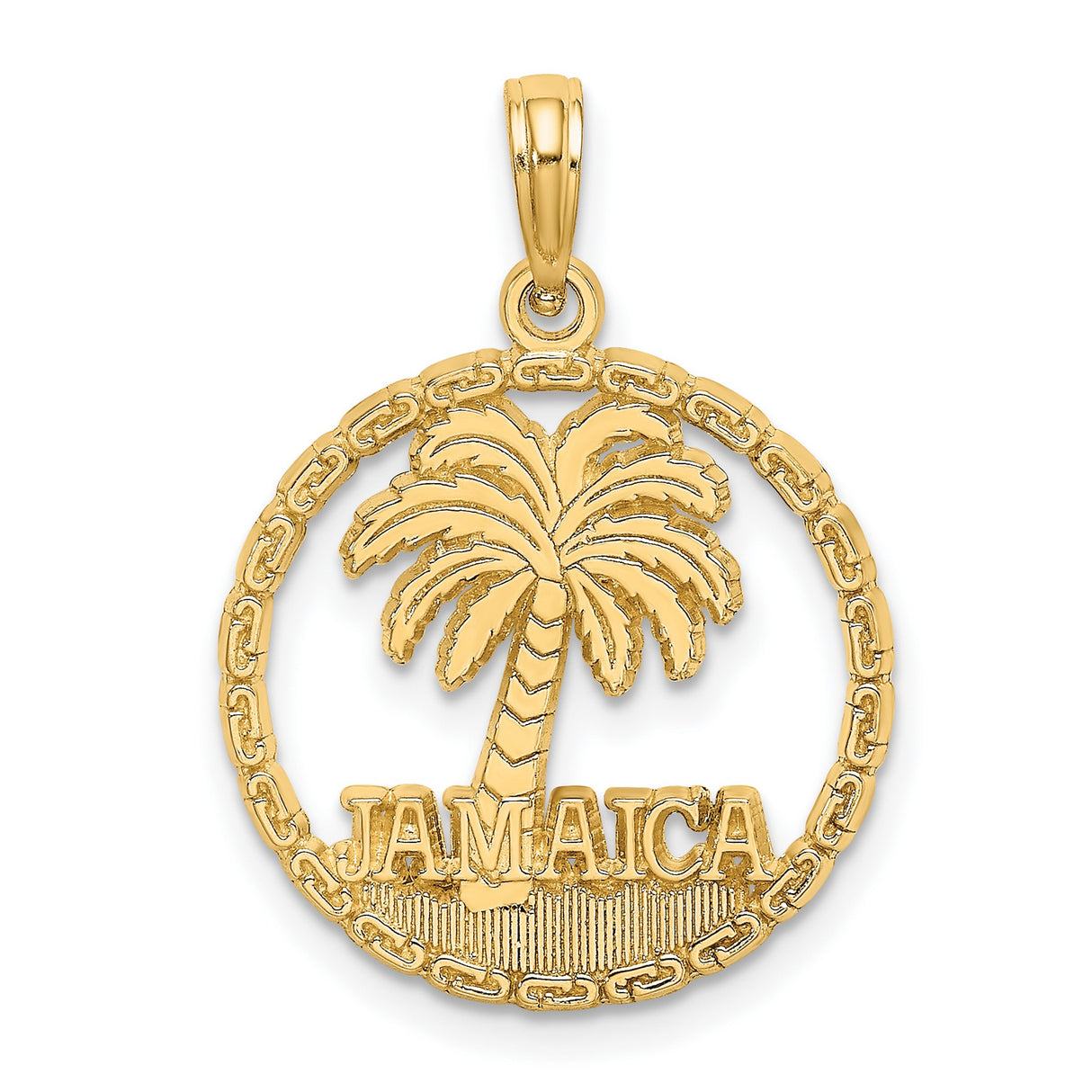 14k Yellow Gold Palm Tree Pendant with Textured Circle Border, Jamaica Travel Charm