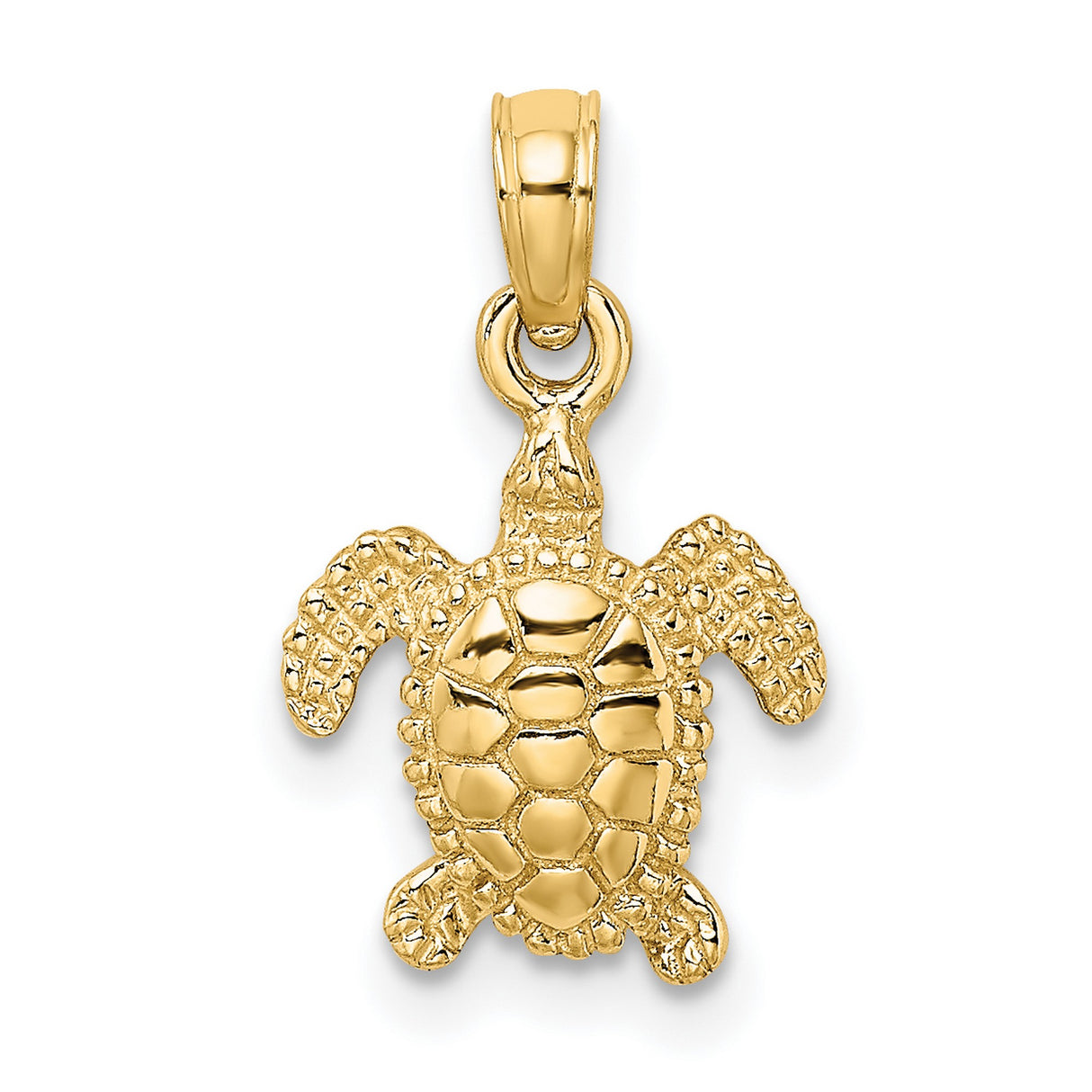 14k Yellow Gold Turtle Pendant, Textured Sea Turtle Charm, Ocean and Nautical Theme Jewelry