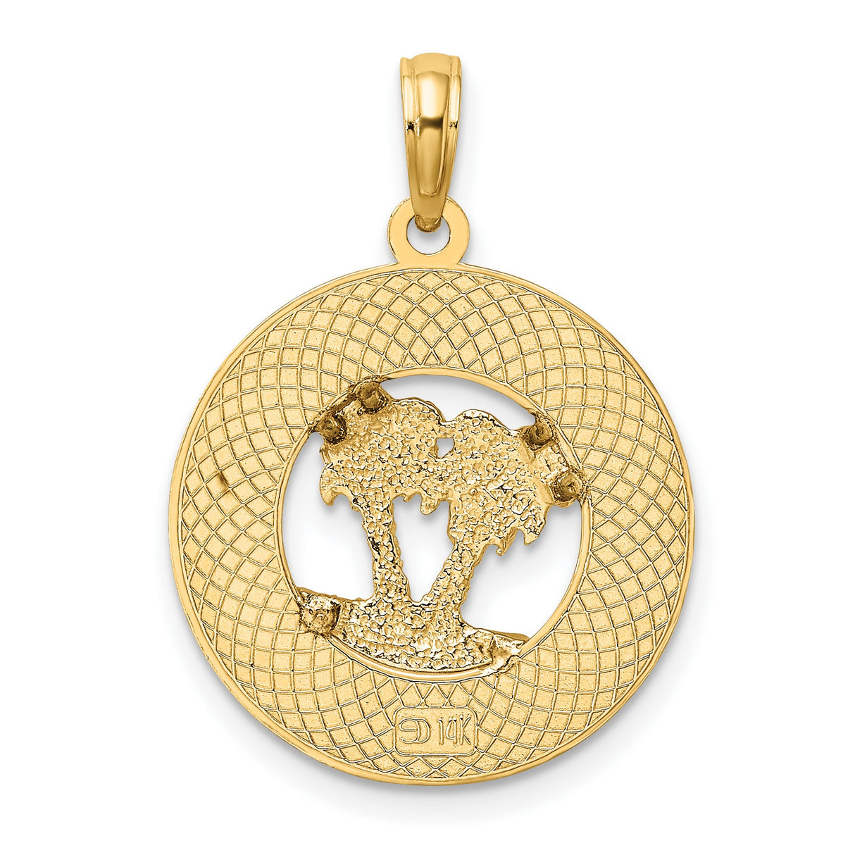 14k Yellow Gold Florida Pendant with Palm Tree, Textured State Outline Charm
