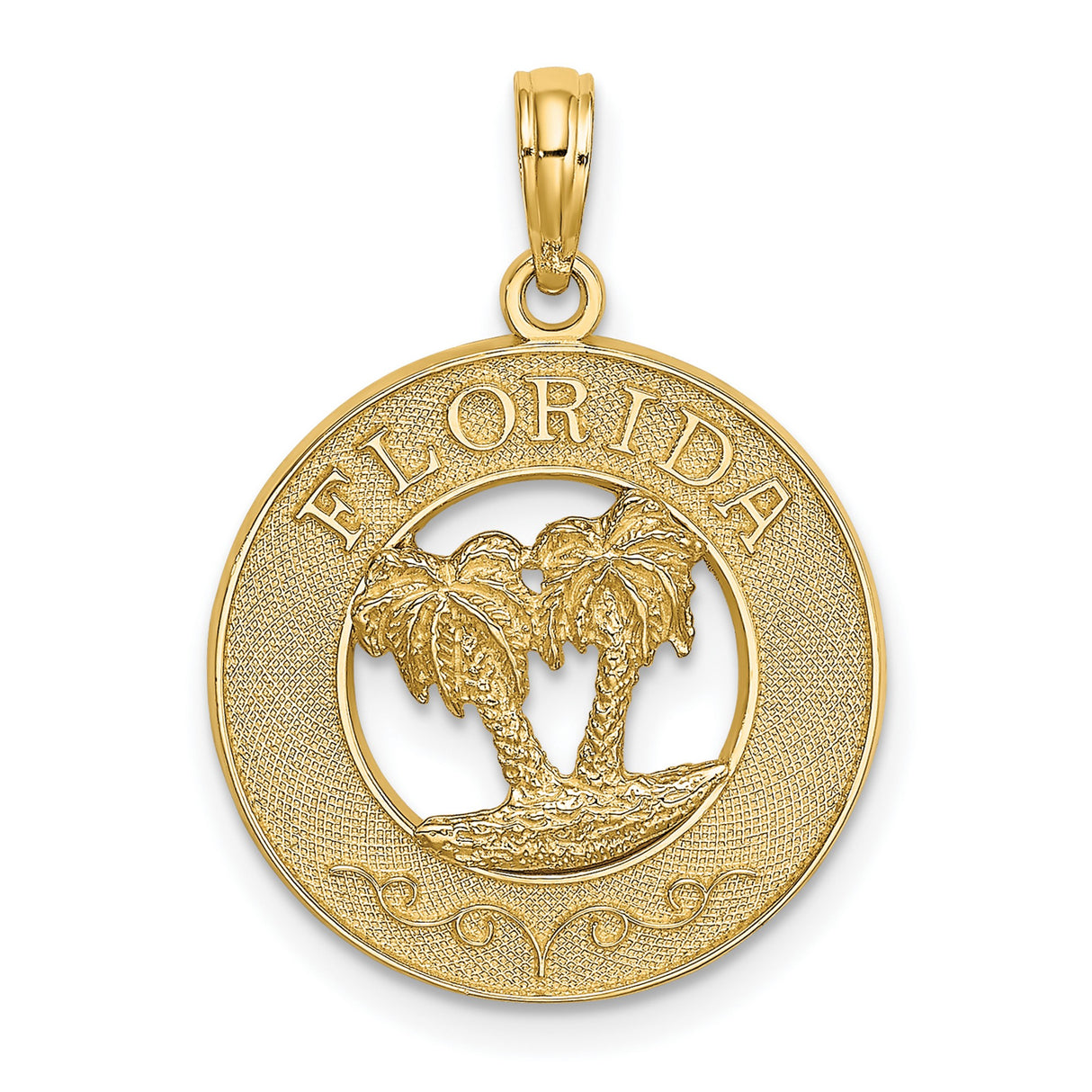 14k Yellow Gold Florida Pendant with Palm Tree, Textured State Outline Charm