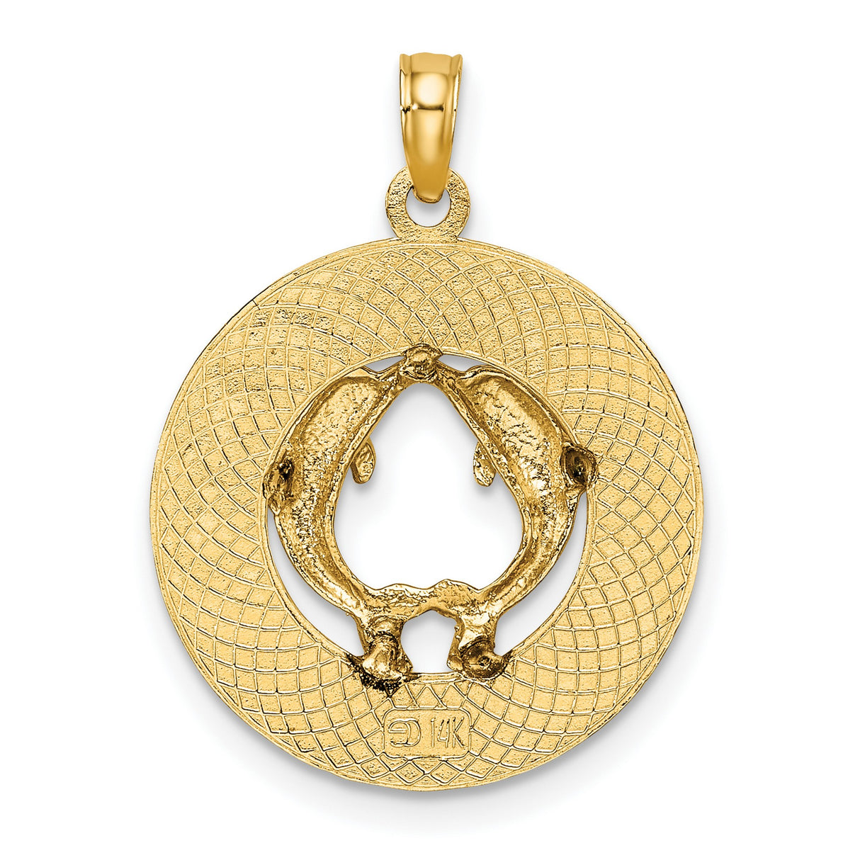 14k Yellow Gold Dolphin Pendant, Two Dolphins Touching Fins in Circle, Nautical Ocean Theme