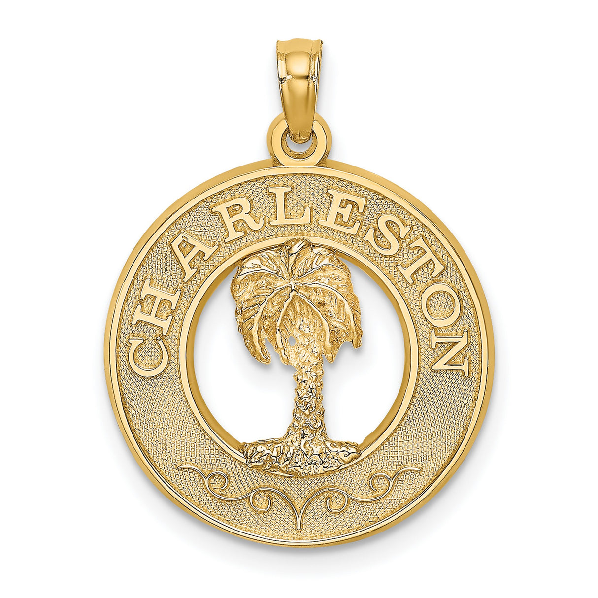 14k Yellow Gold Palm Tree Pendant with Charleston Cutout Design and Lettering