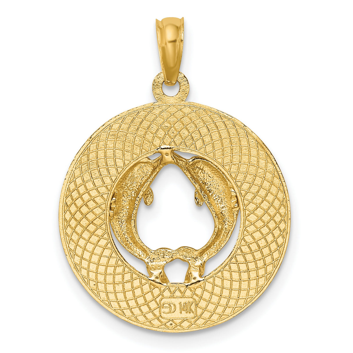 14k Yellow Gold Jamaica Pendant with Dolphins in Circle Design, Nautical Island Theme