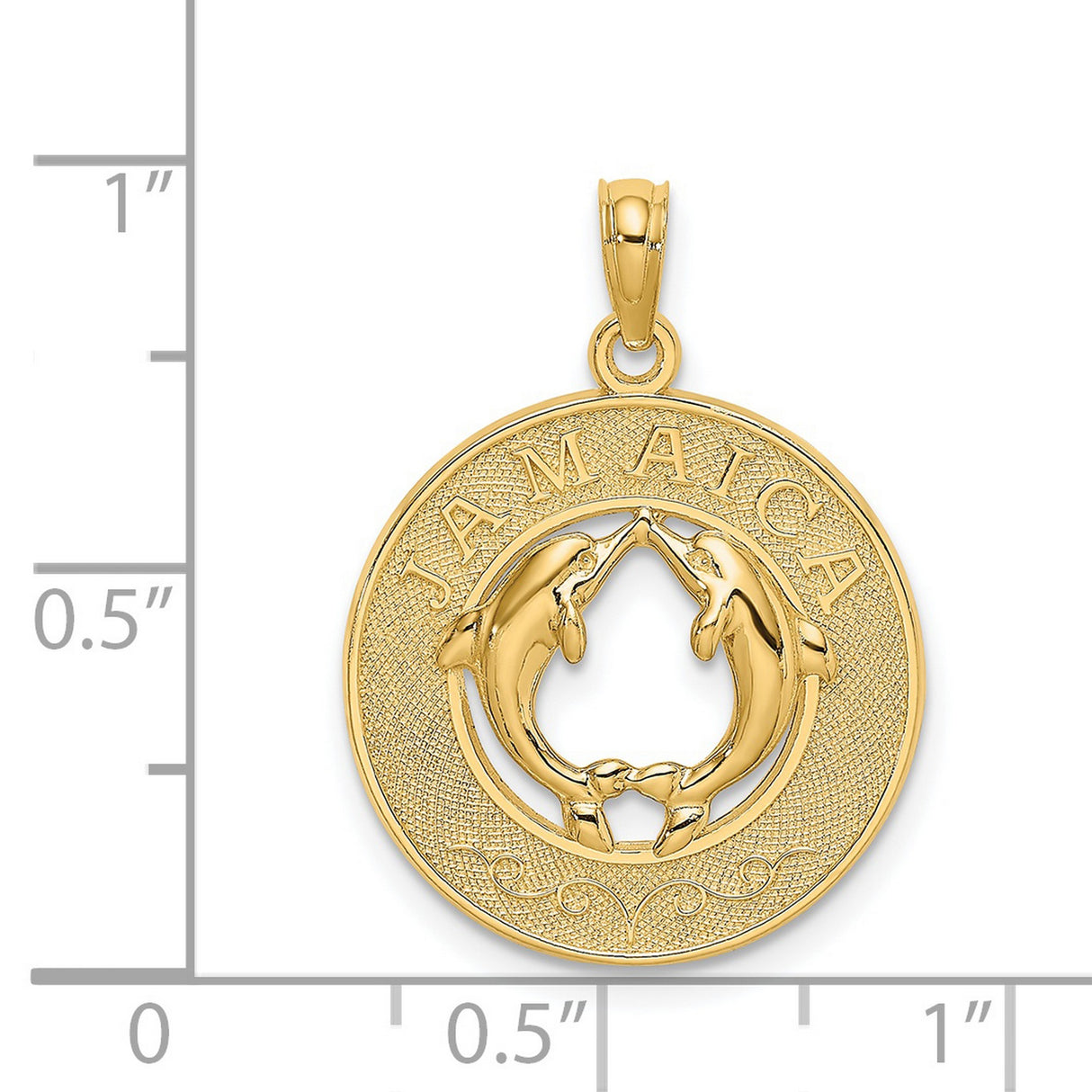 14k Yellow Gold Jamaica Pendant with Dolphins in Circle Design, Nautical Island Theme