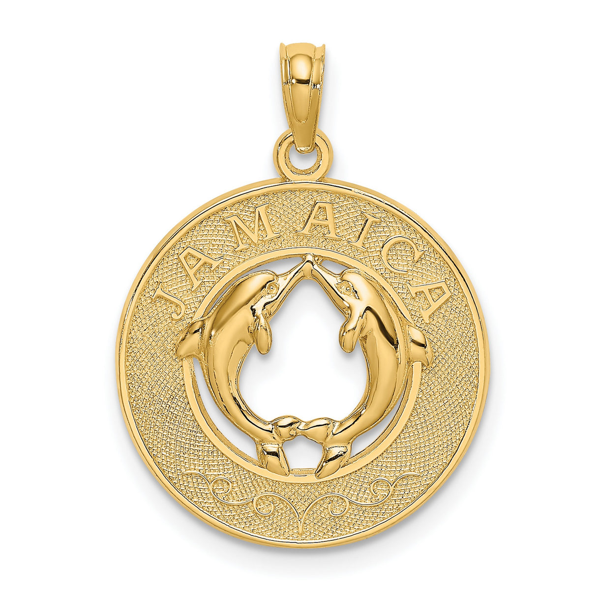 14k Yellow Gold Jamaica Pendant with Dolphins in Circle Design, Nautical Island Theme