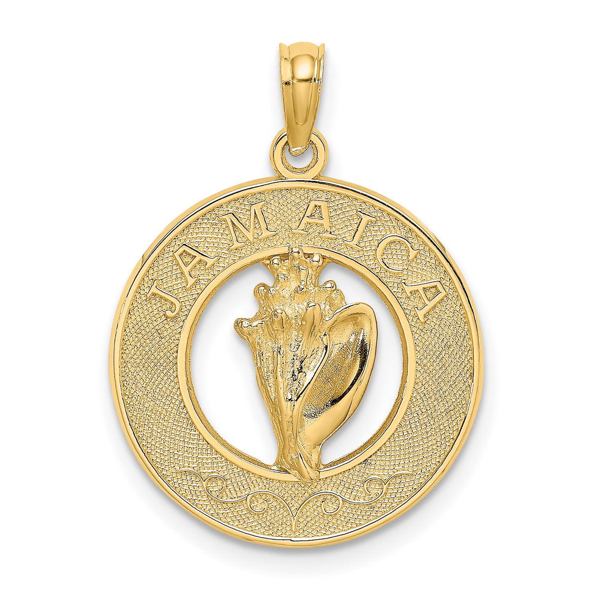 14k Yellow Gold Jamaica Conch Shell Pendant with Raised Lettering, Caribbean Island Charm