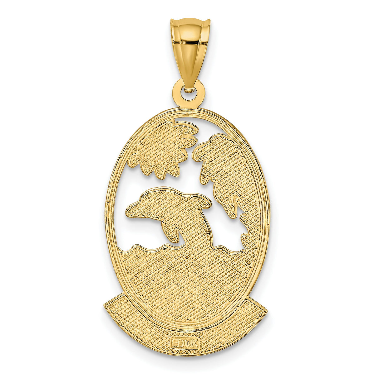 14k Yellow Gold Dolphin Pendant with Palm Tree, Ocean Waves, and Sun Design