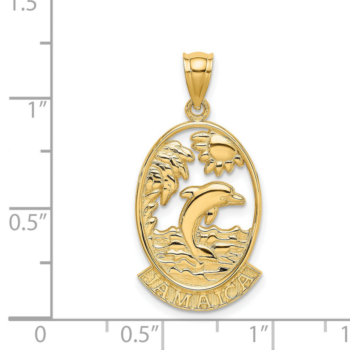 14k Yellow Gold Dolphin Pendant with Palm Tree, Ocean Waves, and Sun Design