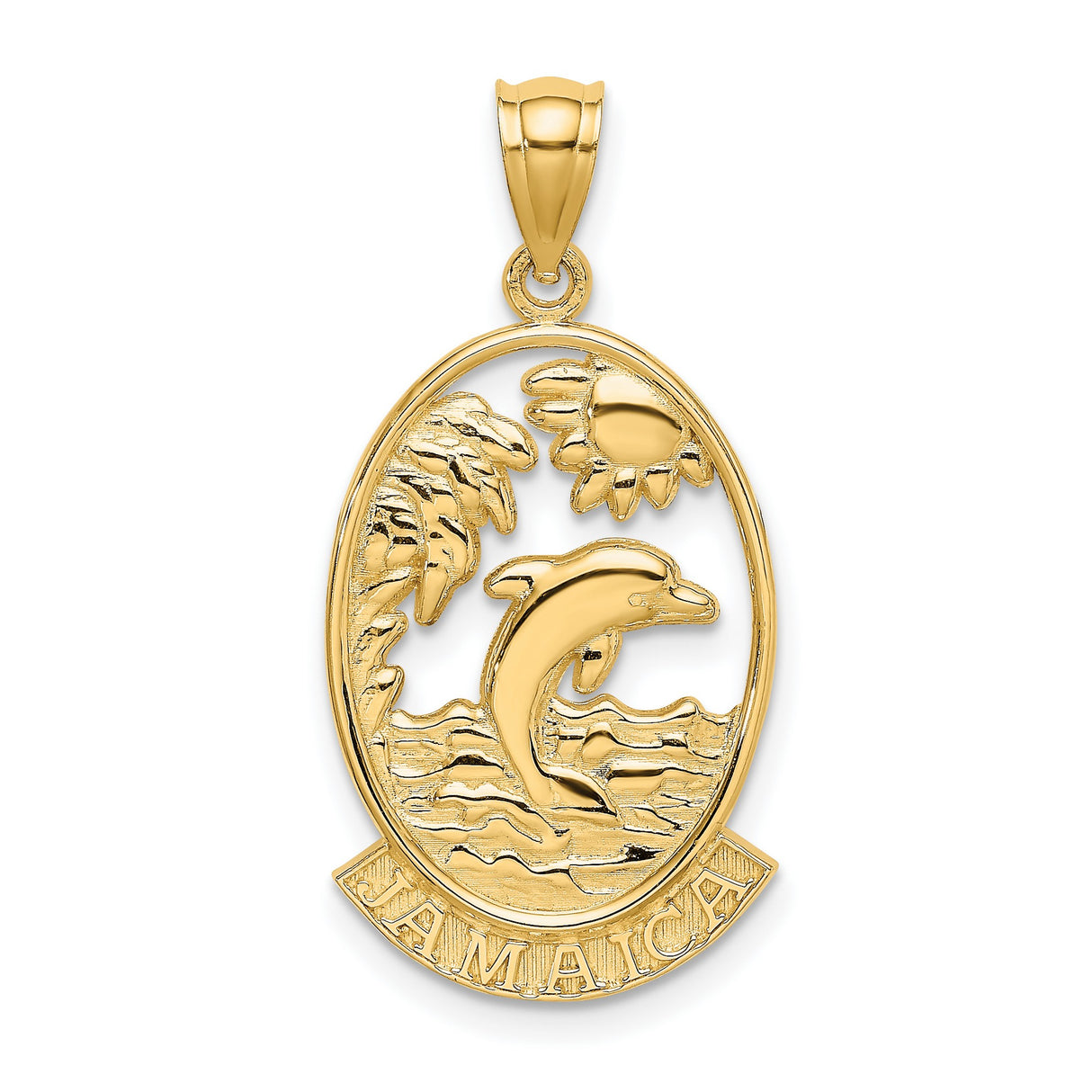 14k Yellow Gold Dolphin Pendant with Palm Tree, Ocean Waves, and Sun Design