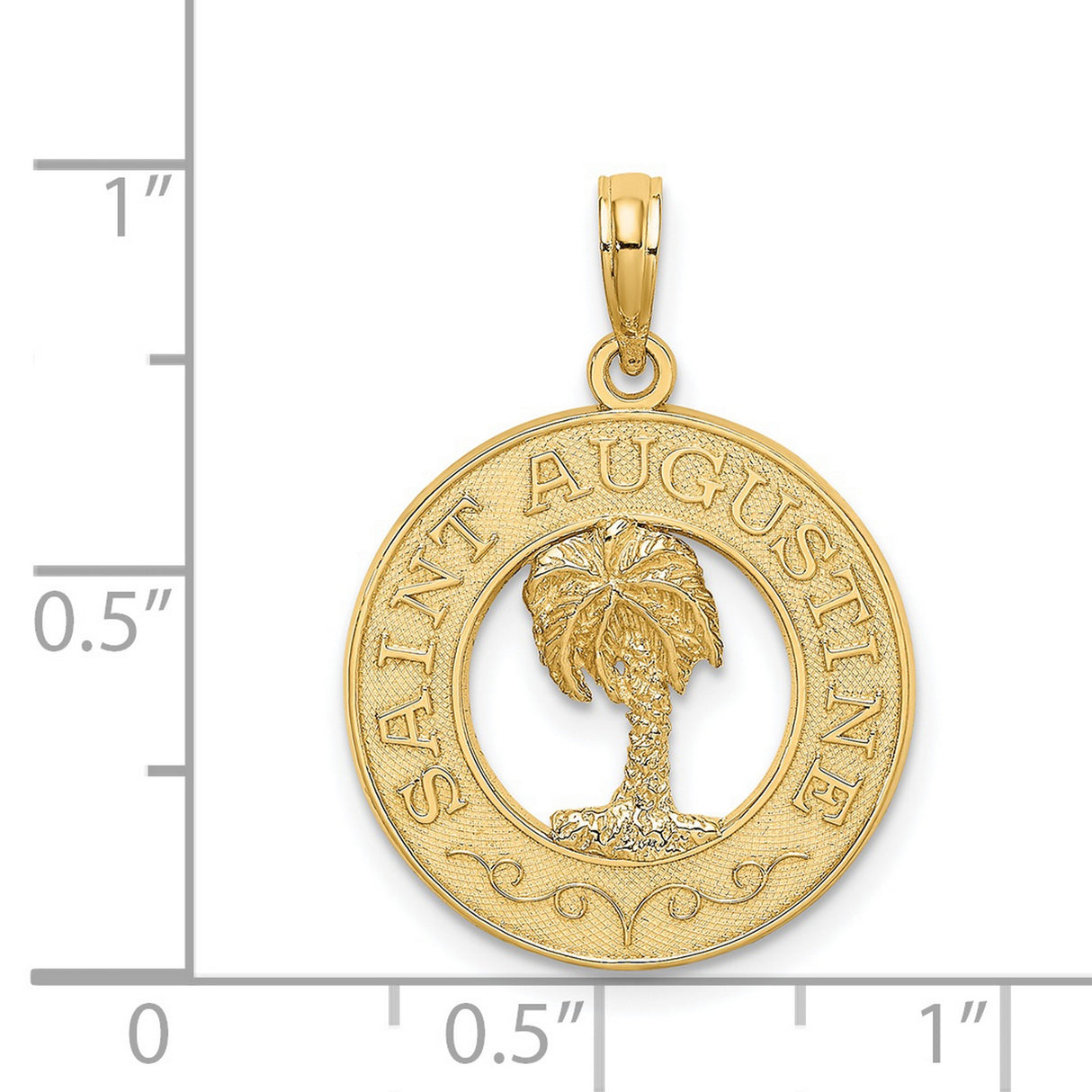14k Yellow Gold Saint Augustine Pendant with Palm Tree Design, Round Religious Charm