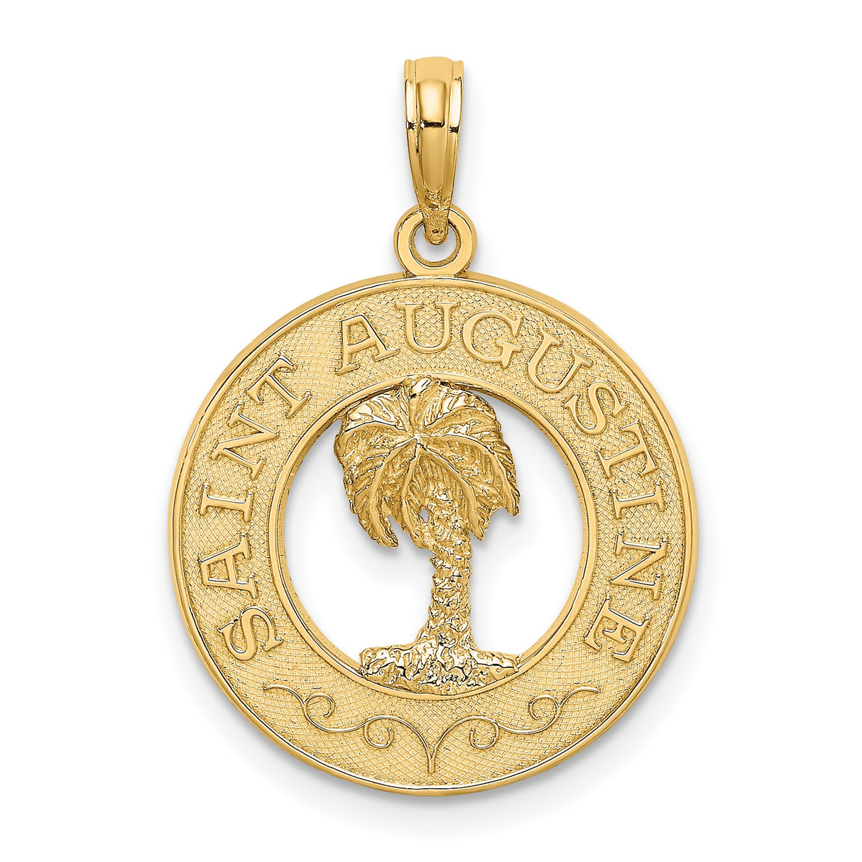 14k Yellow Gold Saint Augustine Pendant with Palm Tree Design, Round Religious Charm