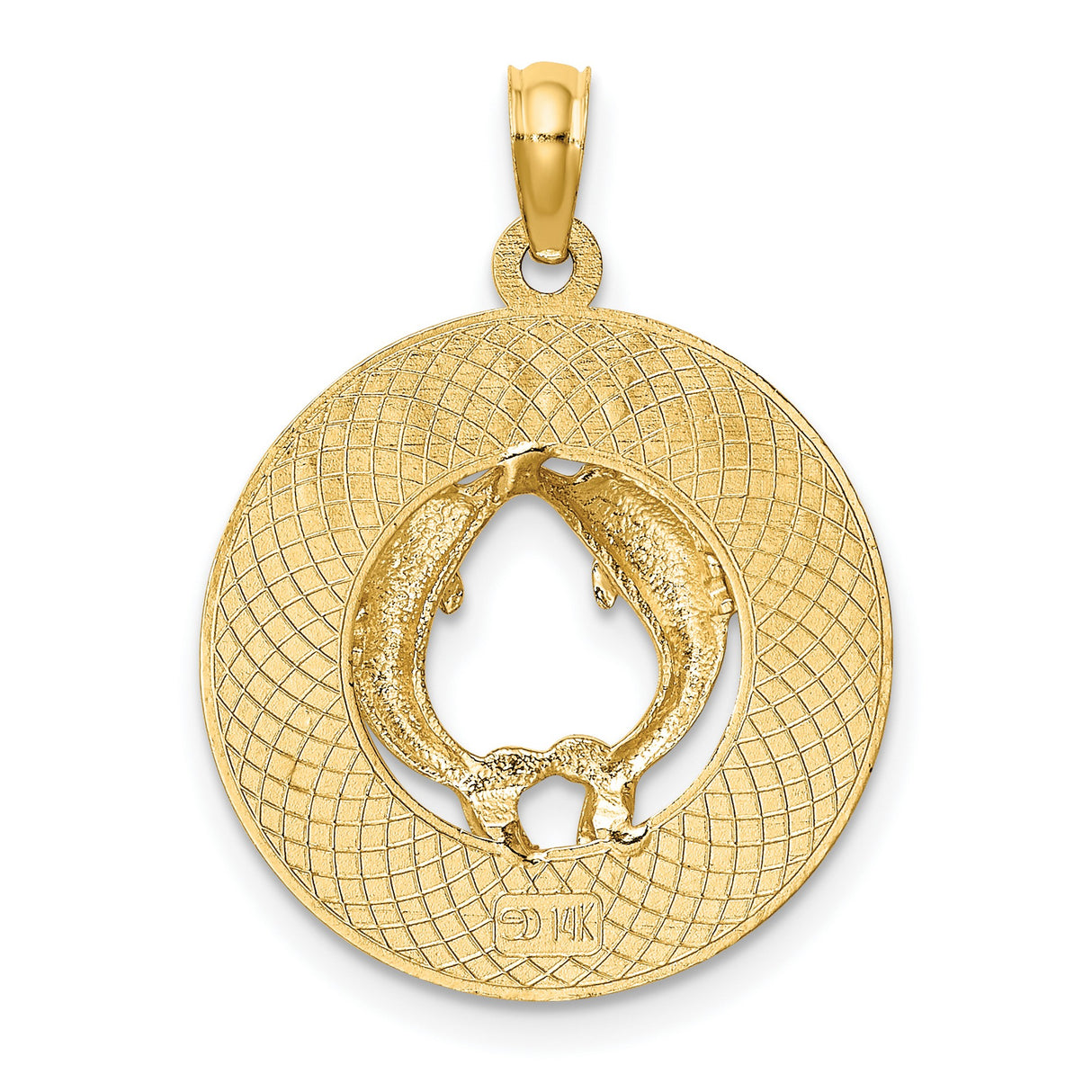 14k Yellow Gold Pendant with Two Dolphins Forming Heart Shape, Cancun Engraving