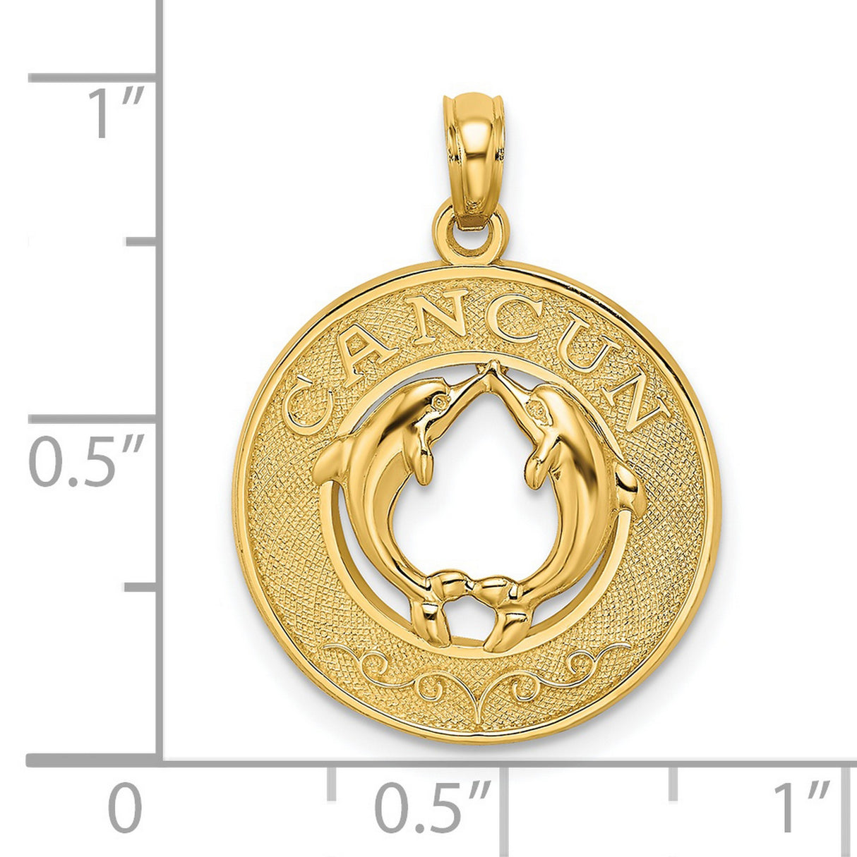 14k Yellow Gold Pendant with Two Dolphins Forming Heart Shape, Cancun Engraving
