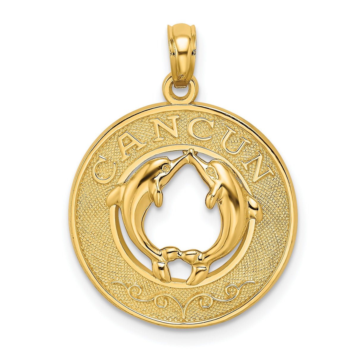 14k Yellow Gold Pendant with Two Dolphins Forming Heart Shape, Cancun Engraving