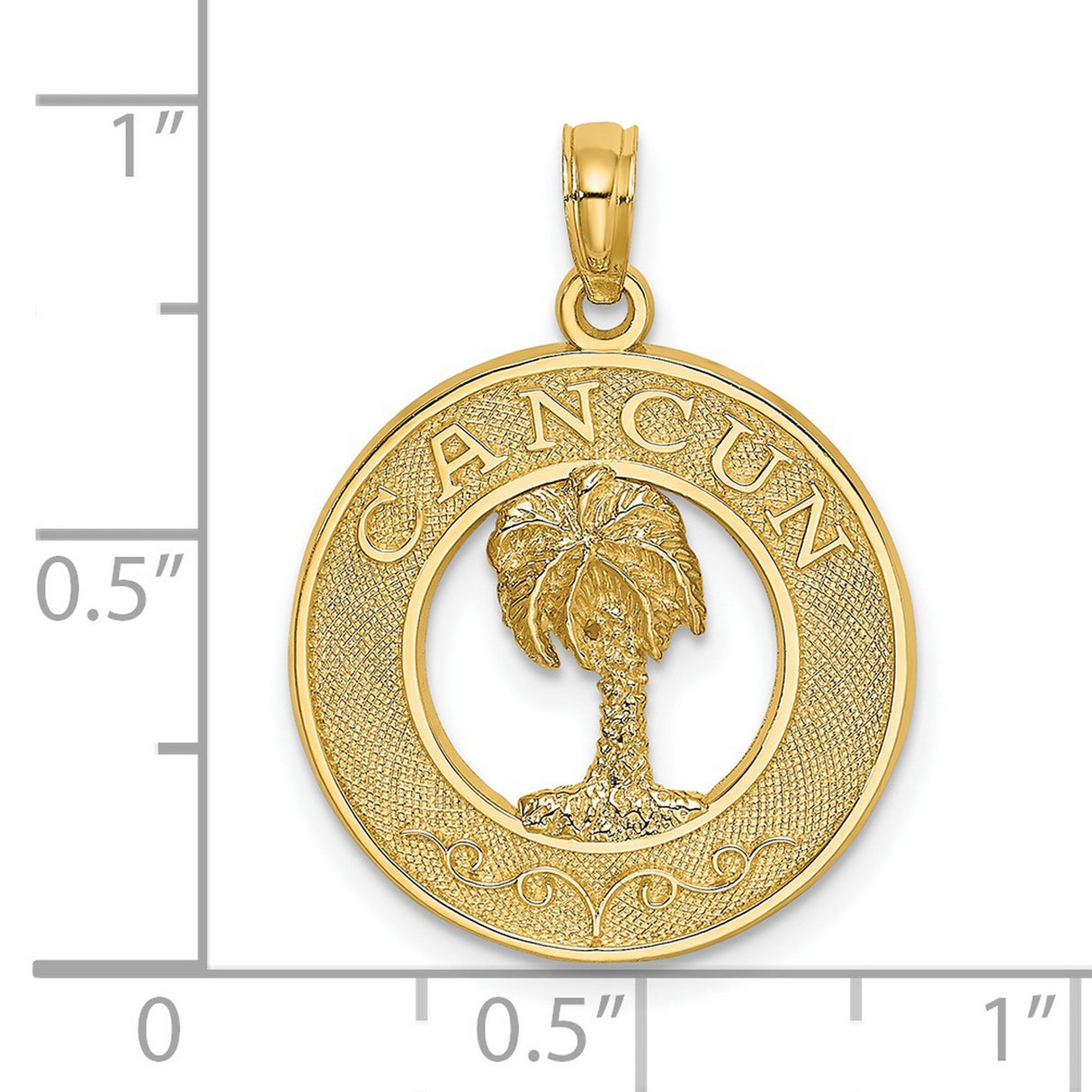 14k Yellow Gold Palm Tree Pendant, Tropical Cancun Vacation Charm, Round Beach Souvenir Jewelry