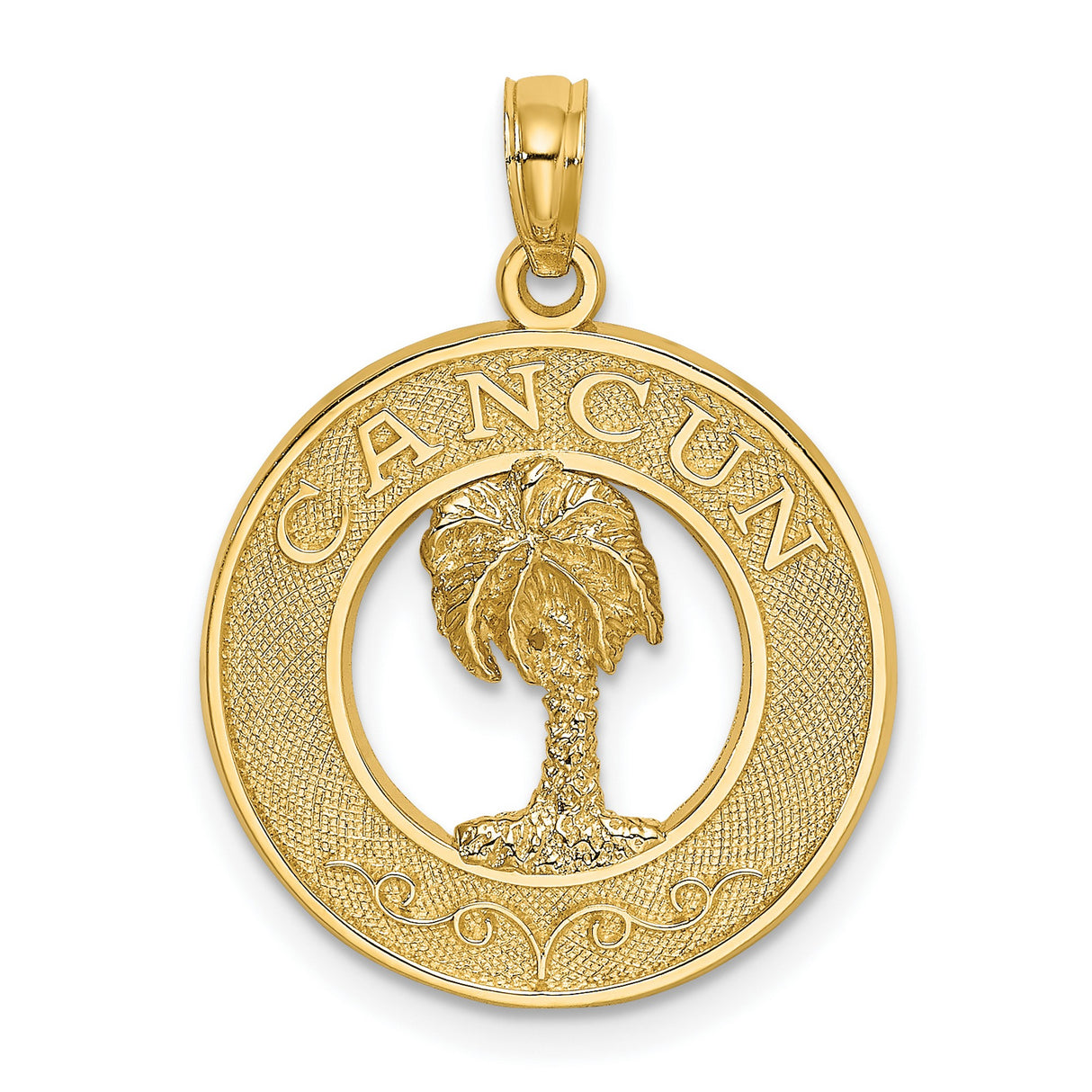 14k Yellow Gold Palm Tree Pendant, Tropical Cancun Vacation Charm, Round Beach Souvenir Jewelry