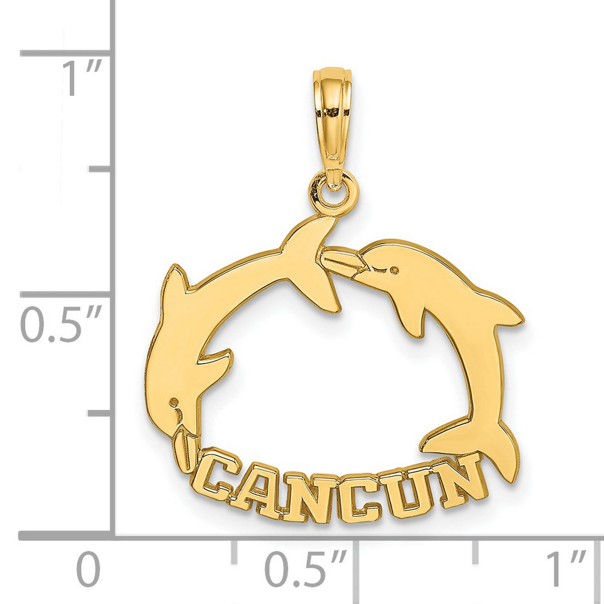 14k Yellow Gold Dolphin Circle Pendant with Cancun Name, Nautical Ocean Travel Theme