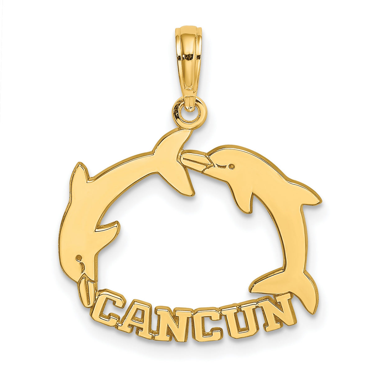 14k Yellow Gold Dolphin Circle Pendant with Cancun Name, Nautical Ocean Travel Theme