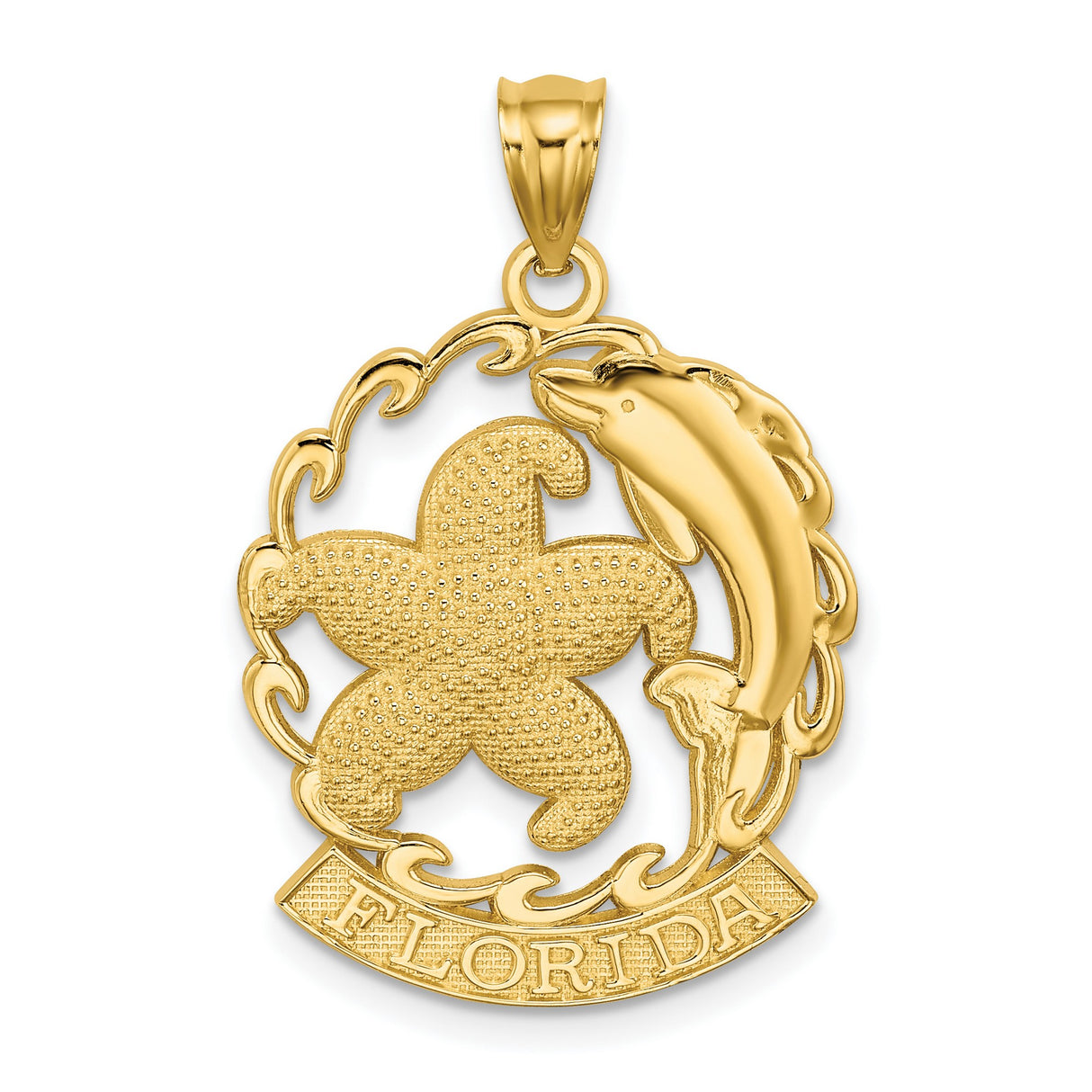 14k Yellow Gold Pendant with Dolphin, Starfish, and Ocean Wave Details, Nautical Beach Charm