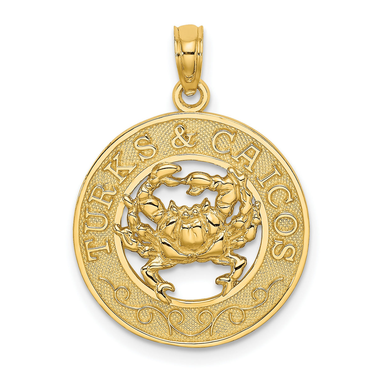 14k Yellow Gold Crab Pendant with Turks and Caicos Engraving, Nautical Island Jewelry