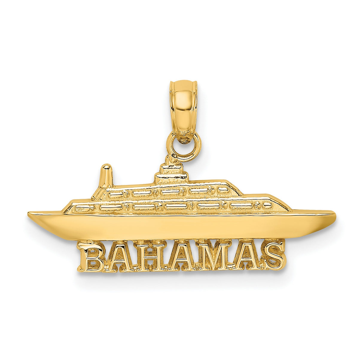 14k Yellow Gold Cruise Ship Pendant with Bahamas Word, Nautical Travel Charm