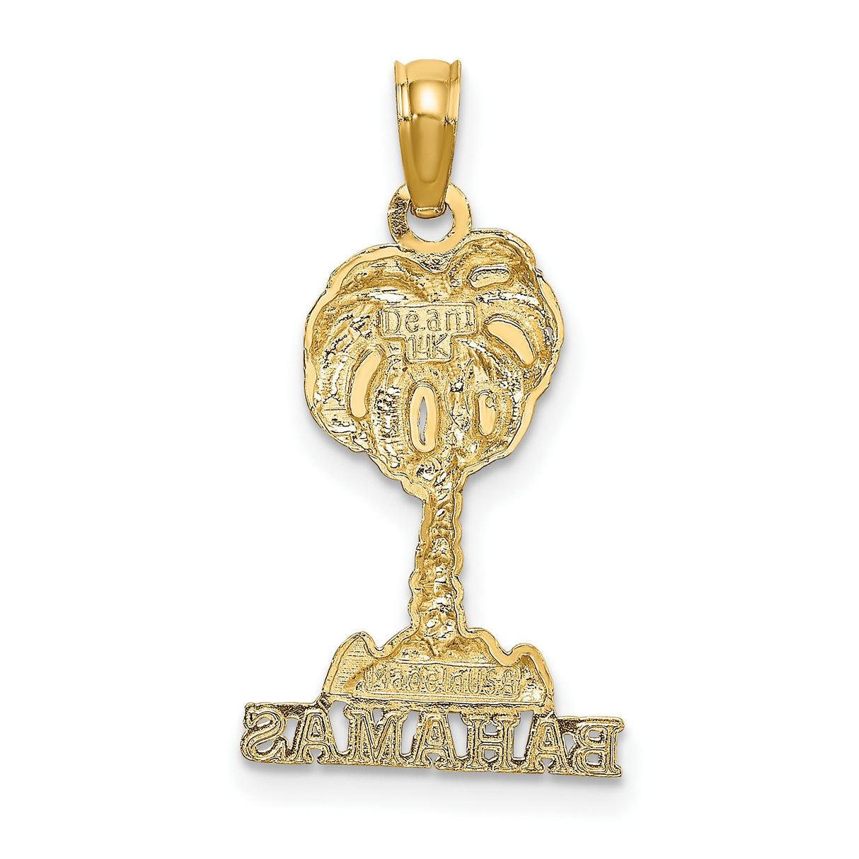 14k Yellow Gold Palm Tree Pendant with Bahamas Word Base, Tropical Island Design