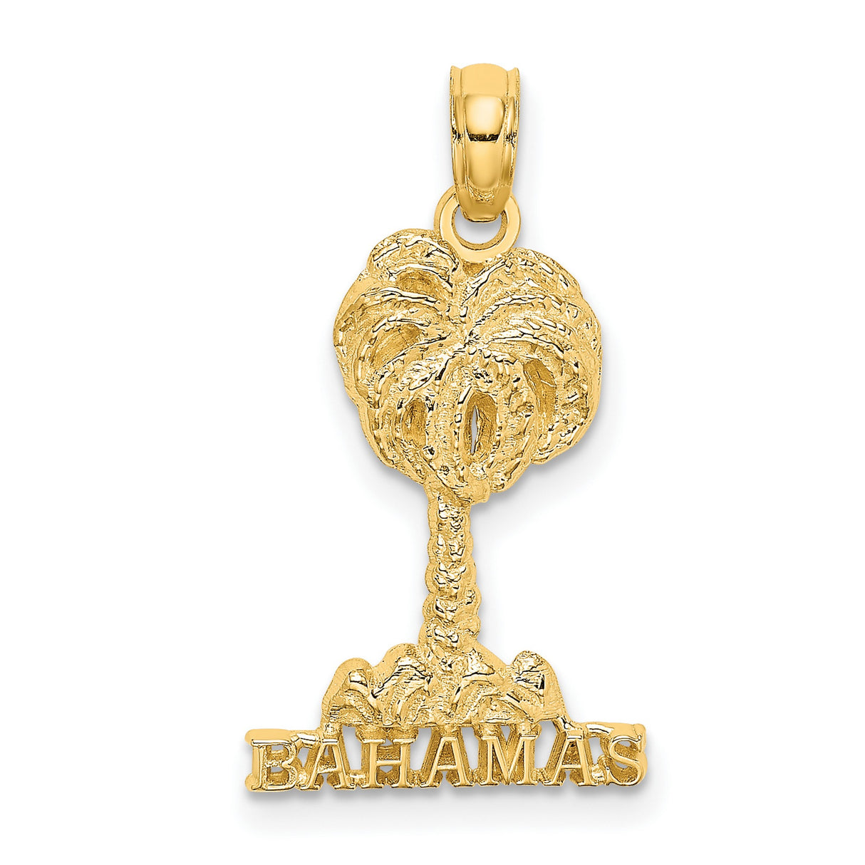 14k Yellow Gold Palm Tree Pendant with Bahamas Word Base, Tropical Island Design