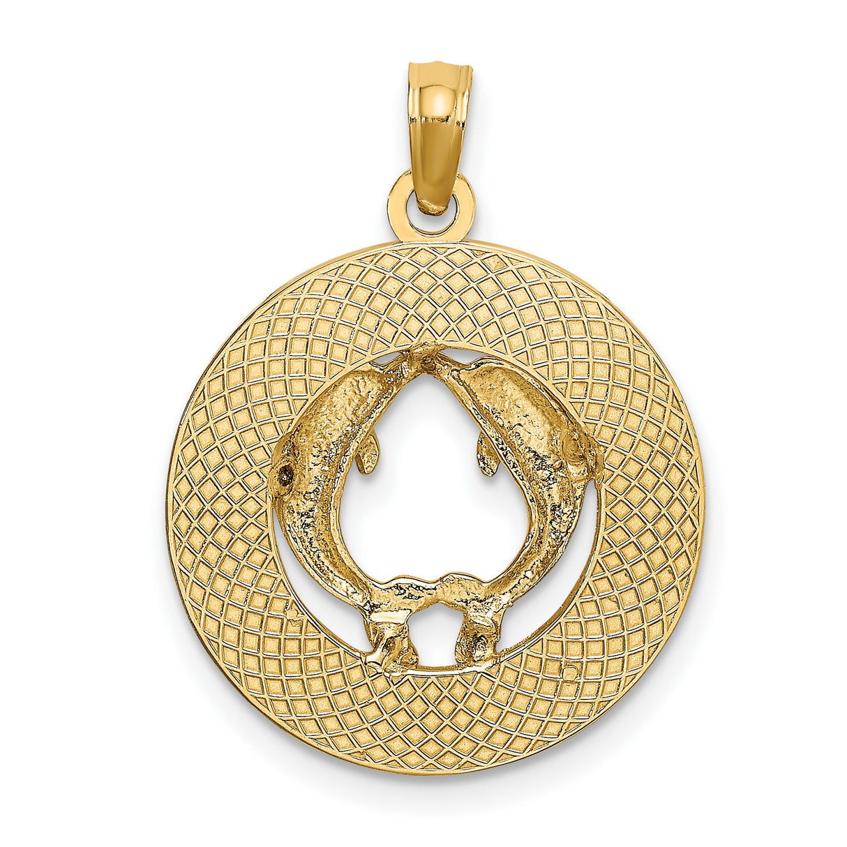 14k Yellow Gold Dolphin Pendant with Two Dolphins Forming Circle, Ocean-Inspired Charm