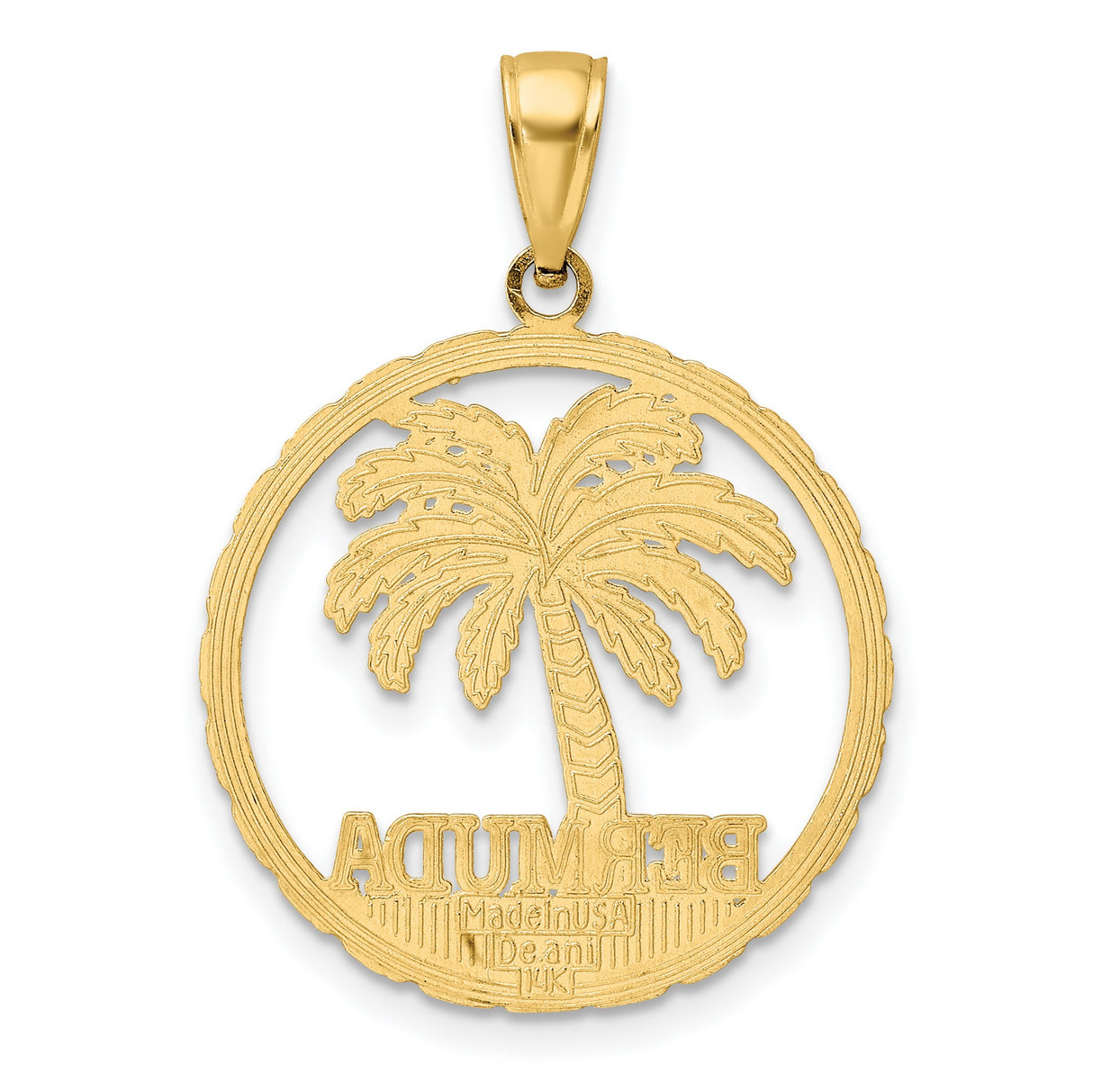 14k Yellow Gold Bermuda Pendant with Palm Tree in Circle Frame, Tropical Vacation Charm