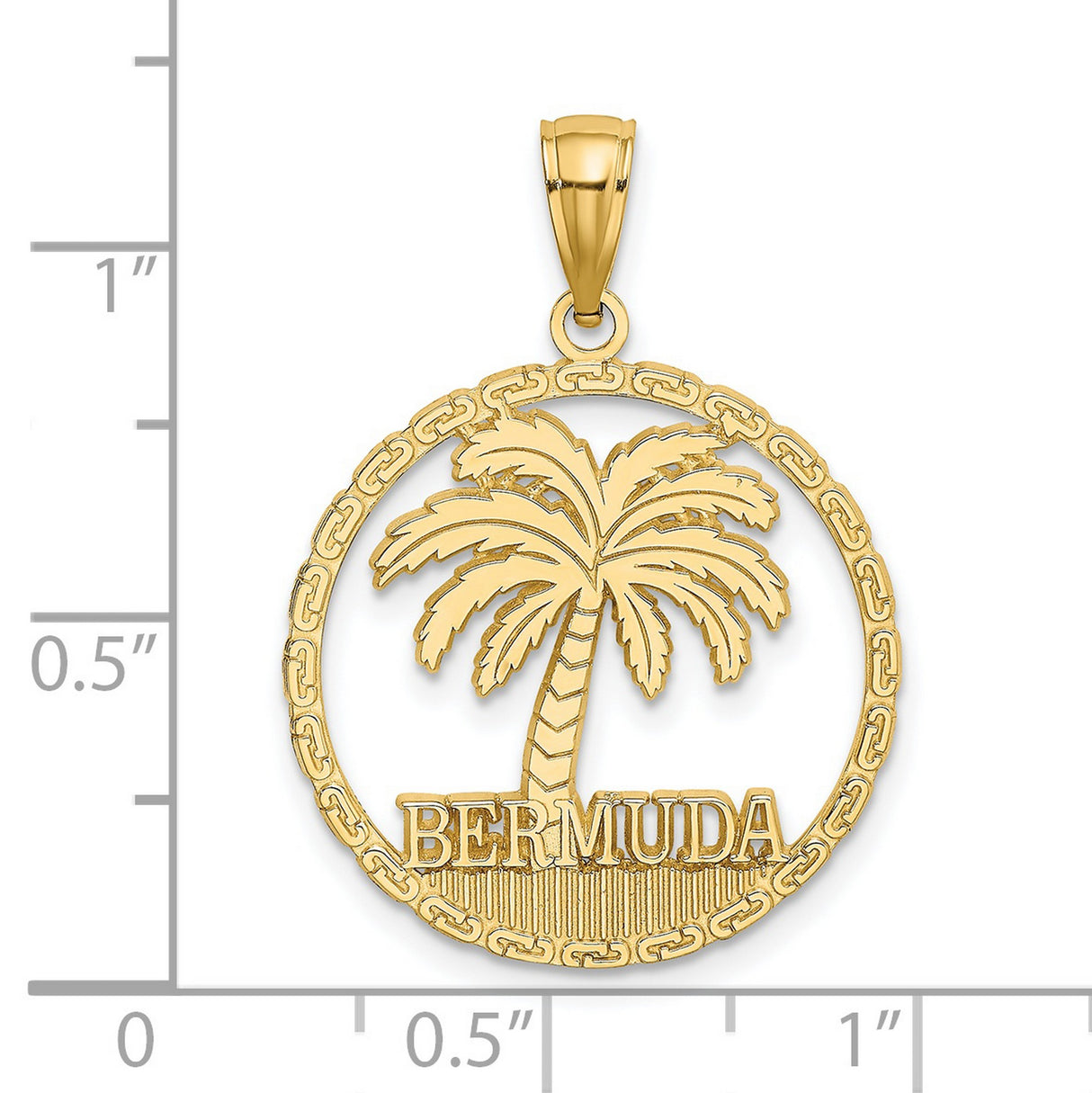 14k Yellow Gold Bermuda Pendant with Palm Tree in Circle Frame, Tropical Vacation Charm