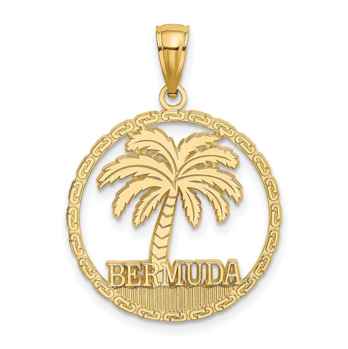 14k Yellow Gold Bermuda Pendant with Palm Tree in Circle Frame, Tropical Vacation Charm