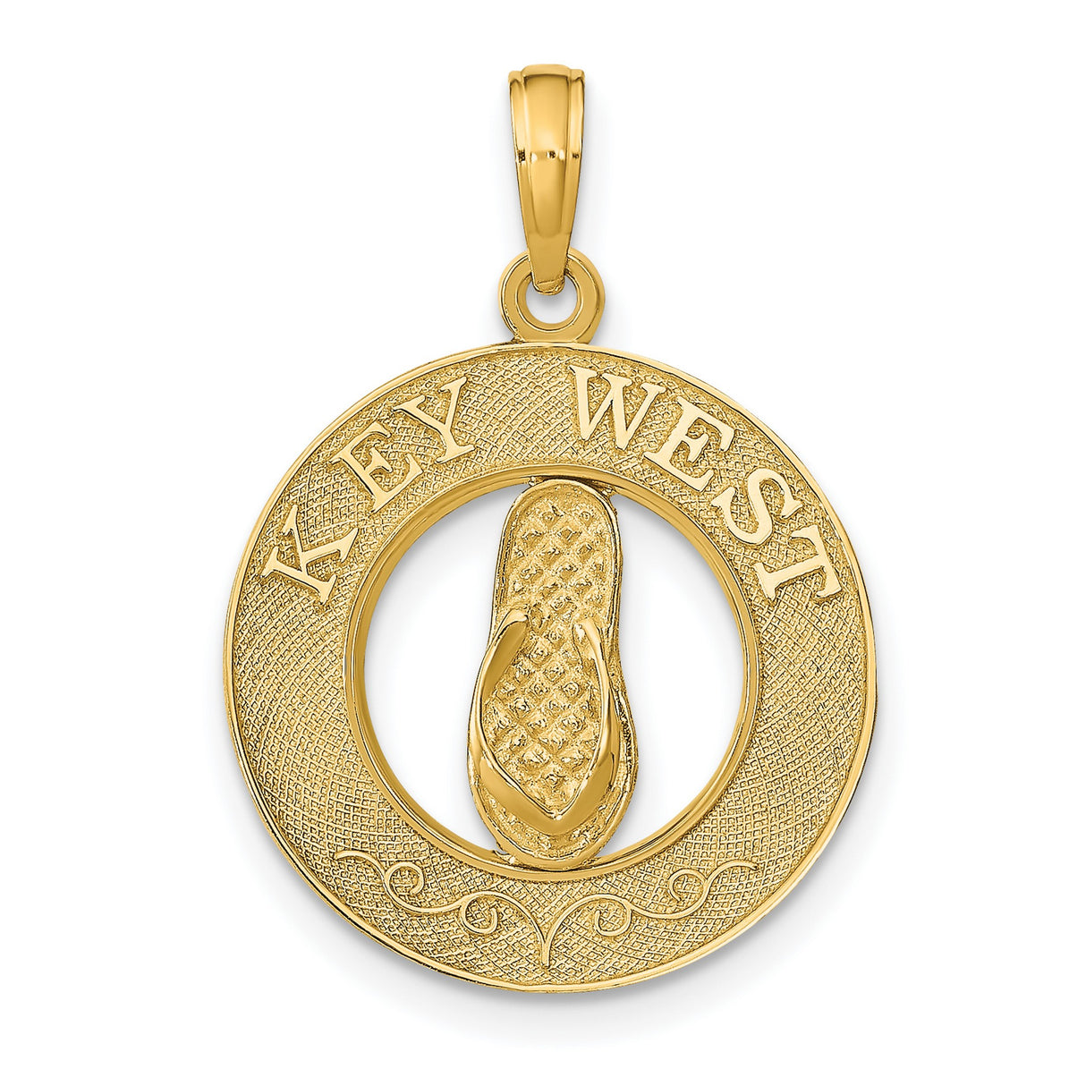 14k Yellow Gold Pendant with Key West Engraving and Flip Flop Centerpiece, Tropical Travel Theme