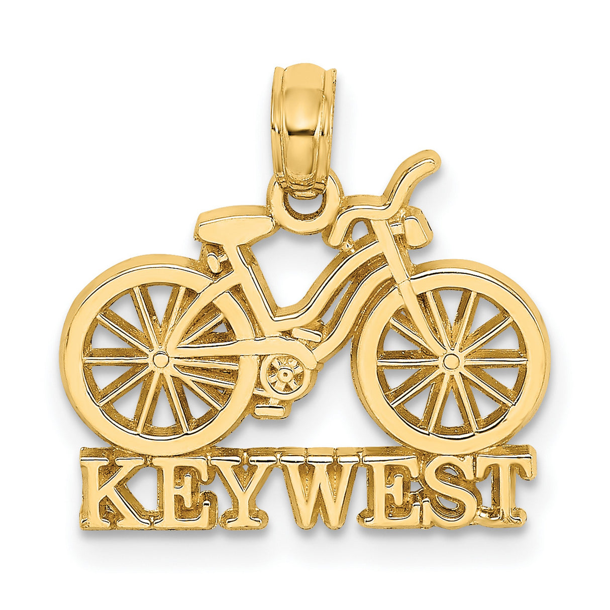 14k Yellow Gold Bike Pendant with Key West Engraving, Bicycle Charm, Travel-Inspired Jewelry