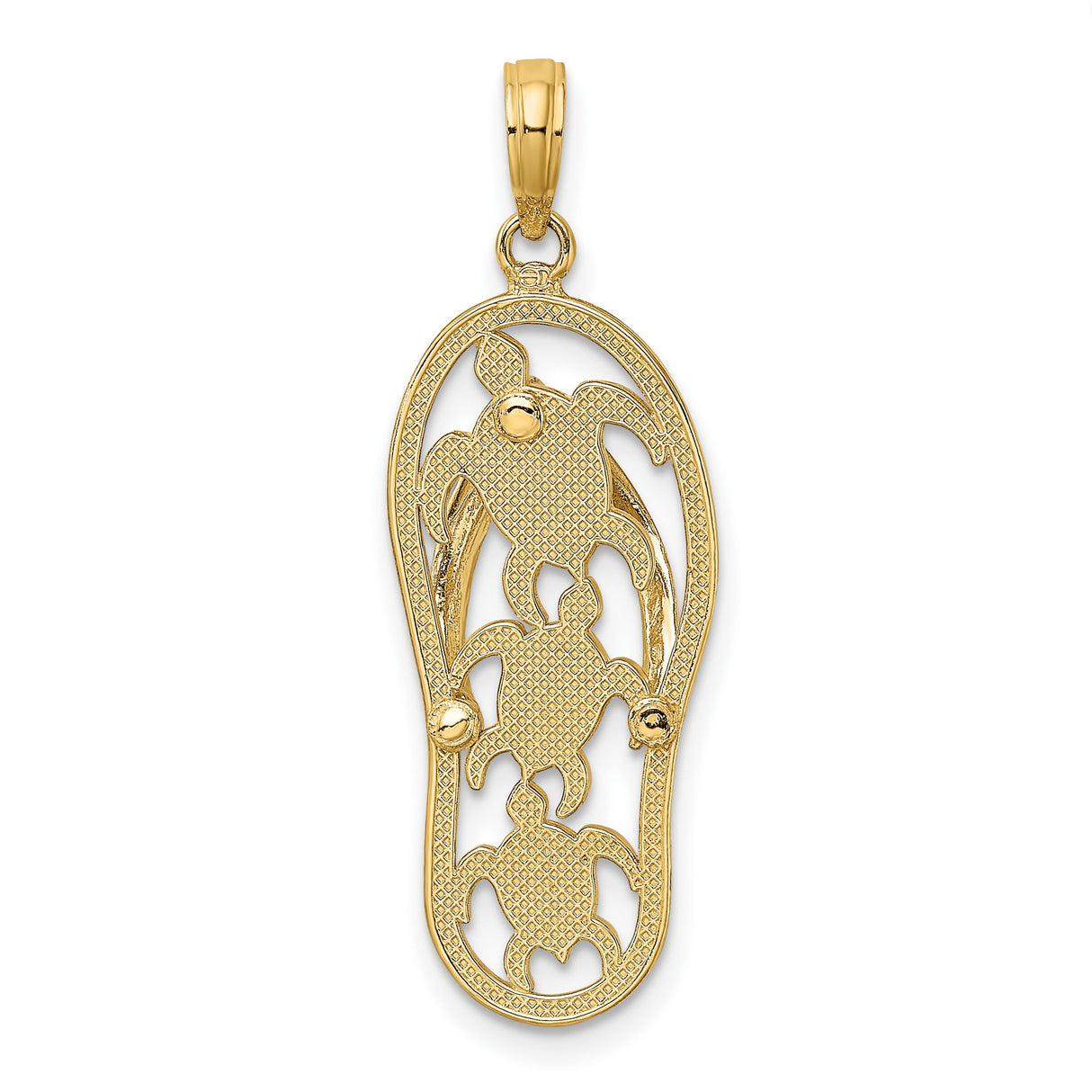 14k Yellow Gold Sandal Pendant with Cutout Sea Turtles, Tropical Beach Theme Jewelry
