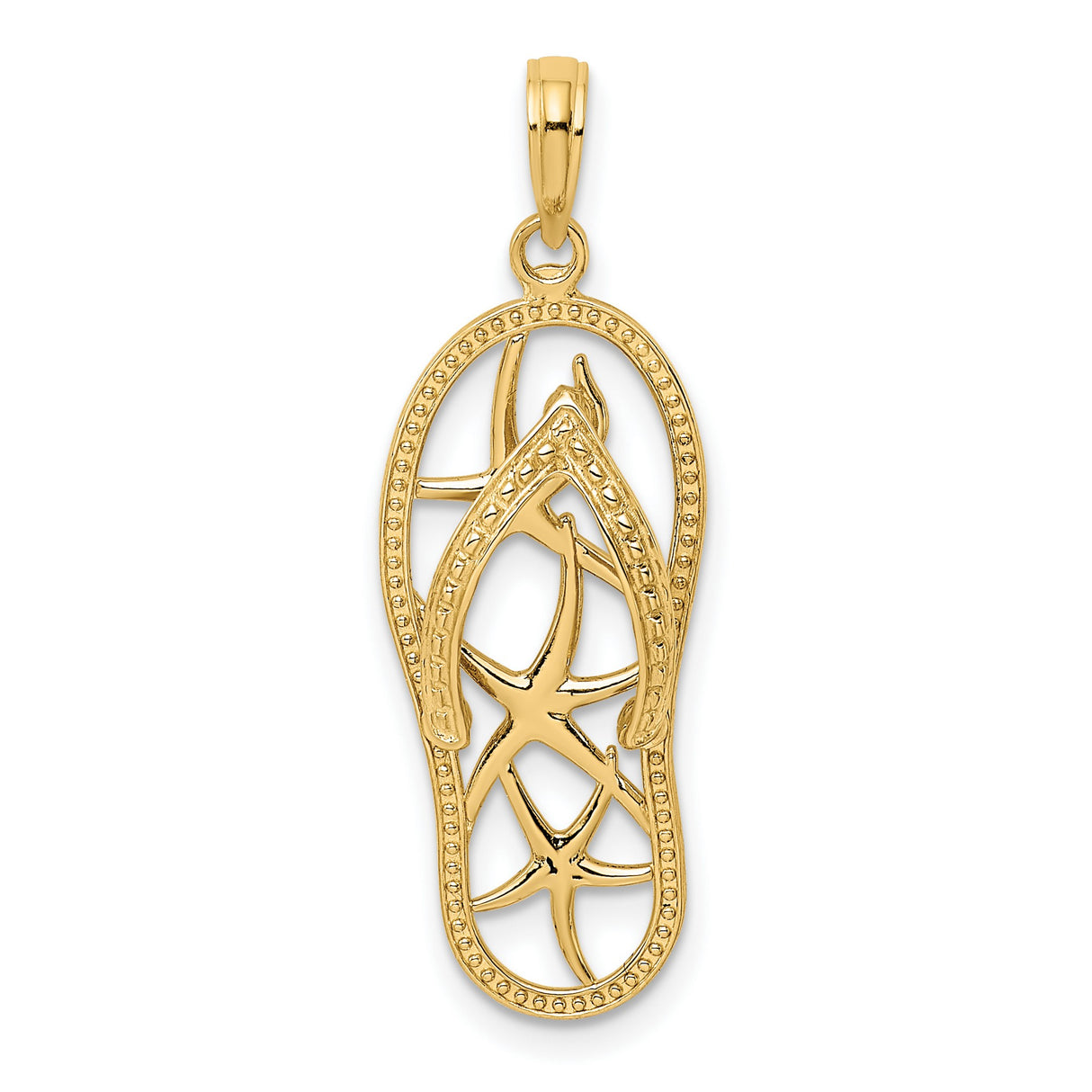 14k Yellow Gold Flip-Flop Pendant with Openwork Starfish Design, Nautical Beach Charm