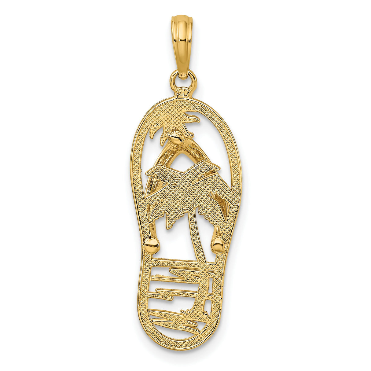 14k Yellow Gold Pendant, Flip Flop with Palm Trees and Ocean Waves, Tropical Beach Charm