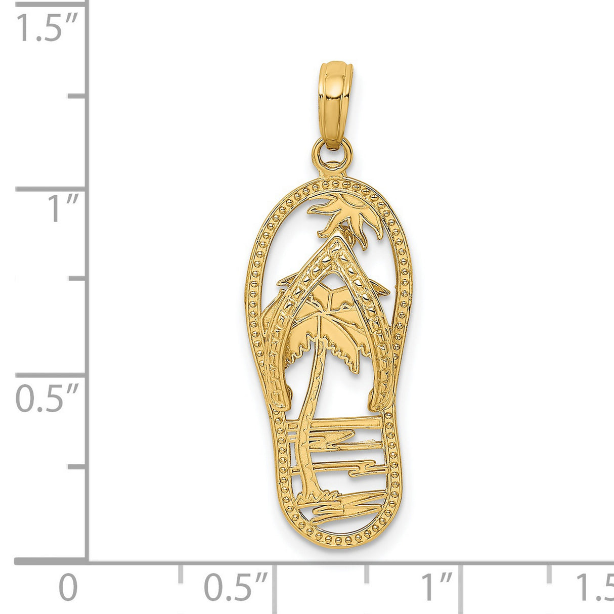 14k Yellow Gold Pendant, Flip Flop with Palm Trees and Ocean Waves, Tropical Beach Charm