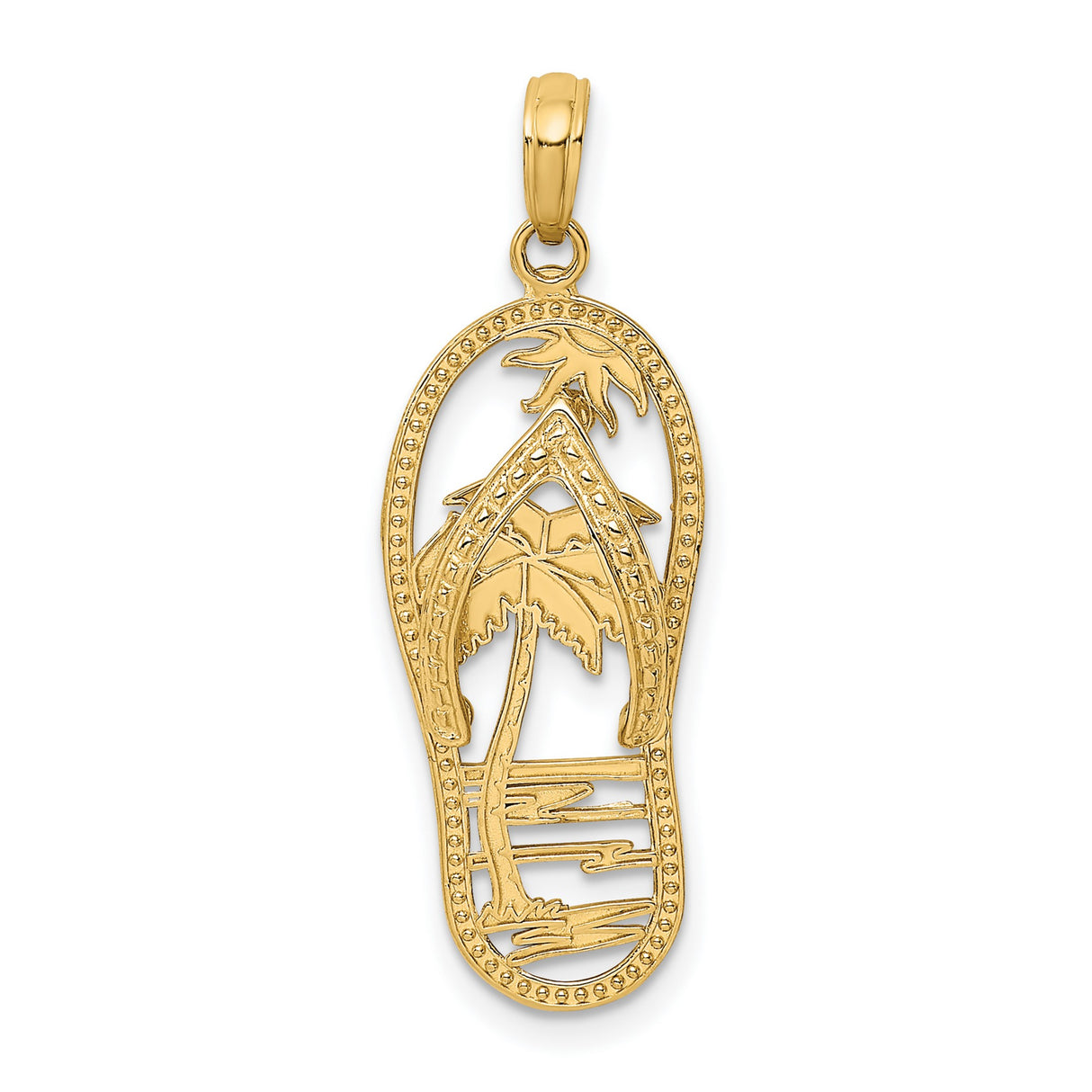14k Yellow Gold Pendant, Flip Flop with Palm Trees and Ocean Waves, Tropical Beach Charm