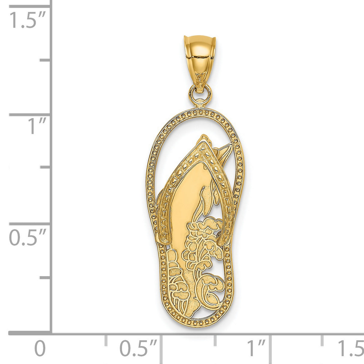 14k Yellow Gold Flip-Flop Dolphin Pendant with Floral Design, Beach and Ocean Theme