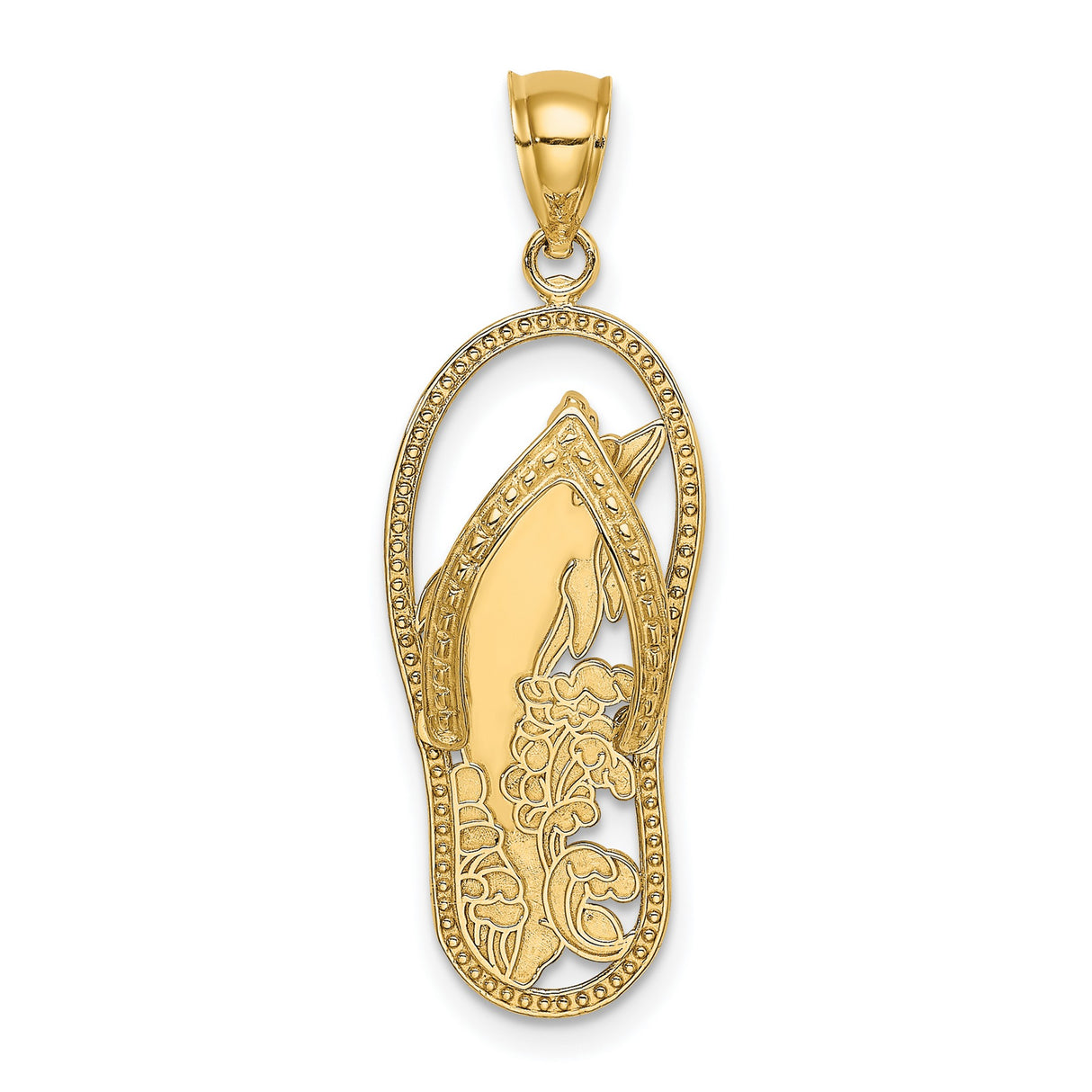 14k Yellow Gold Flip-Flop Dolphin Pendant with Floral Design, Beach and Ocean Theme
