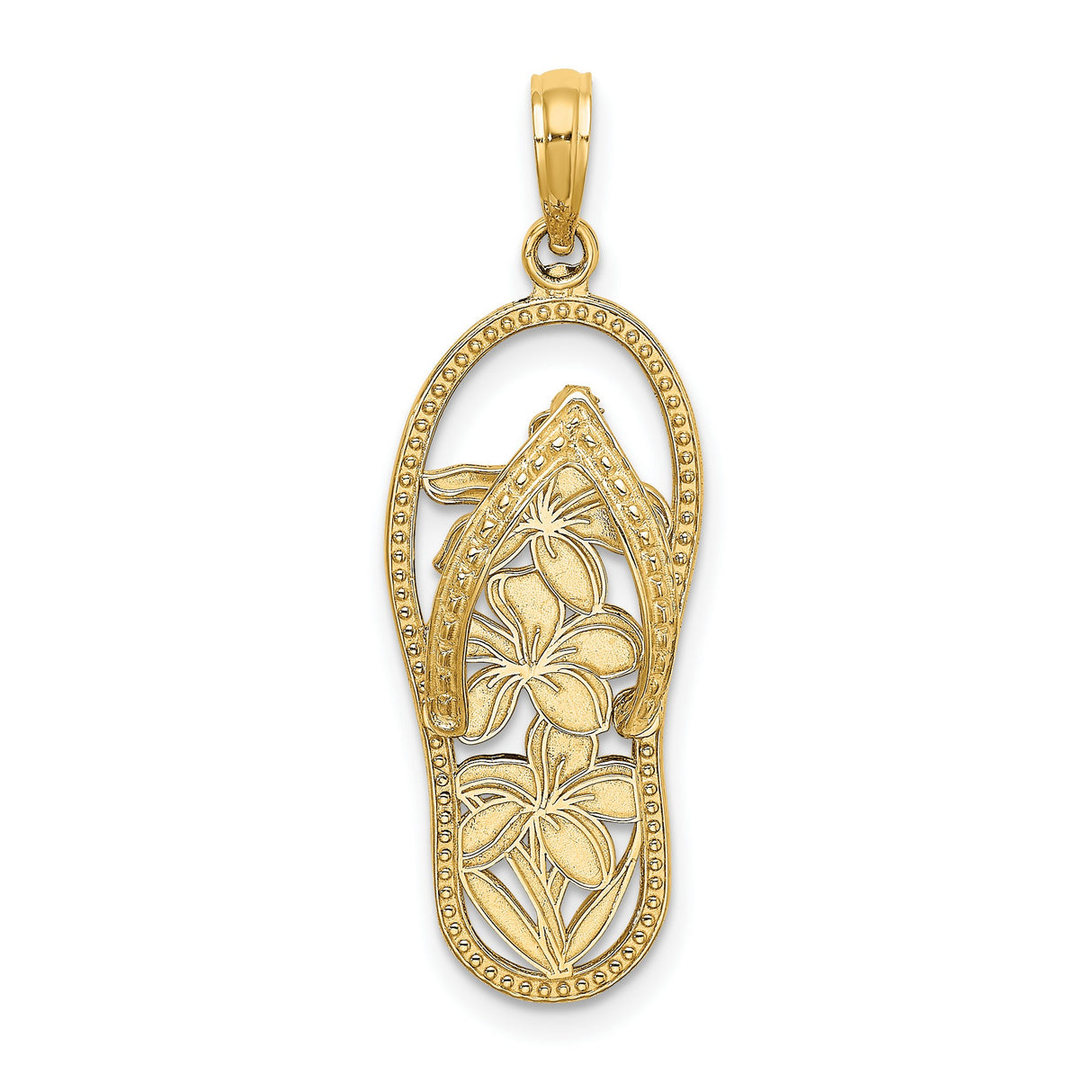14k Yellow Gold Sandal Pendant with Plumeria Flower, Tropical Flip-Flop Charm for Women