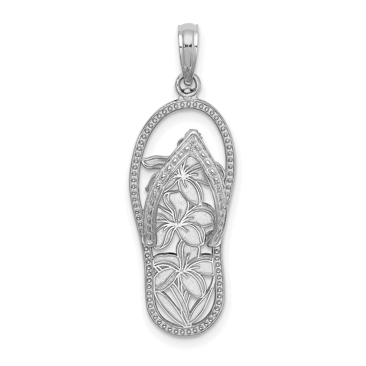 14k White Gold Flip-Flop Pendant with Plumeria Flower, Tropical Beach Theme