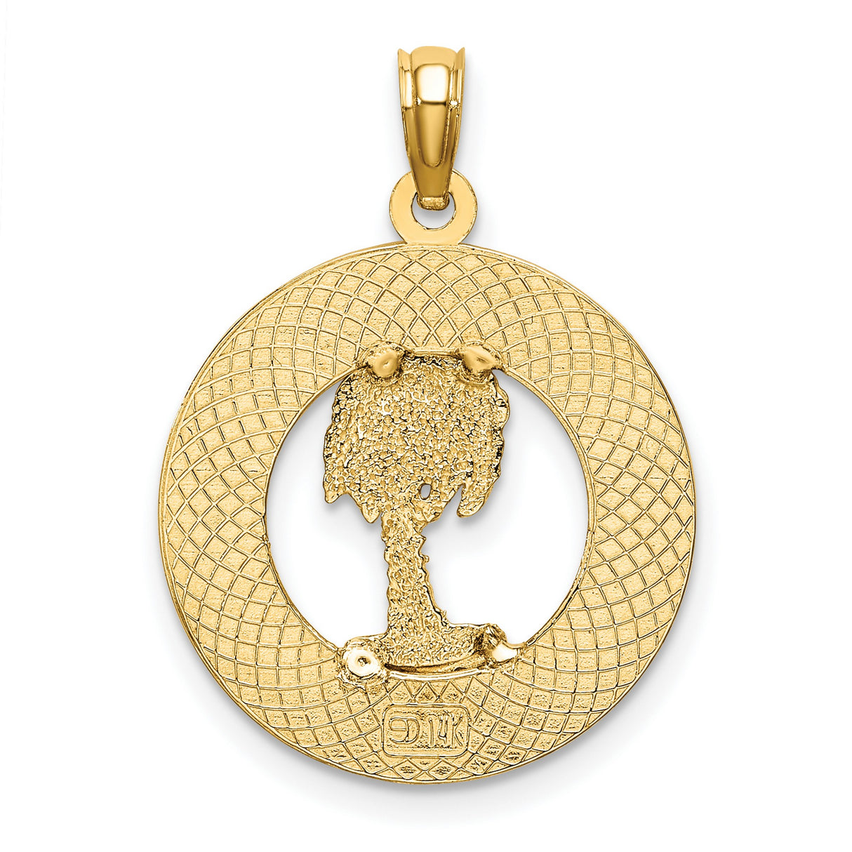 14k Yellow Gold Pendant with Palm Tree and Turks Caicos Engraving, Tropical Round Charm