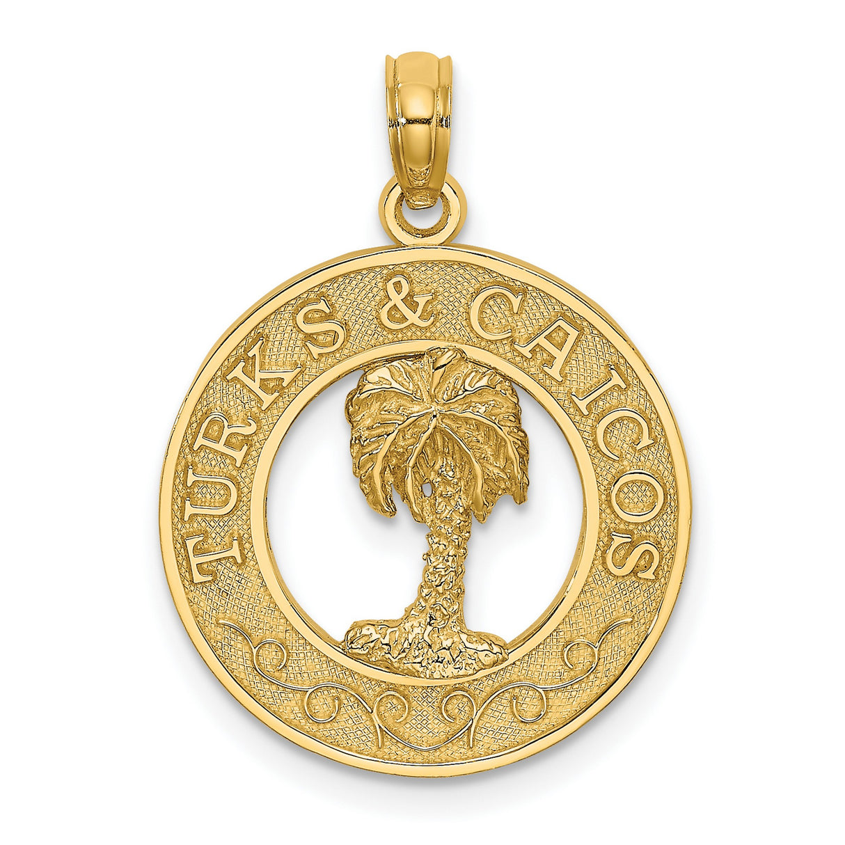 14k Yellow Gold Pendant with Palm Tree and Turks Caicos Engraving, Tropical Round Charm