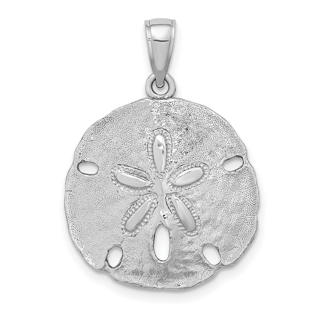 14k White Gold Sand Dollar Pendant with Textured Ocean Design, Nautical Coastal Charm