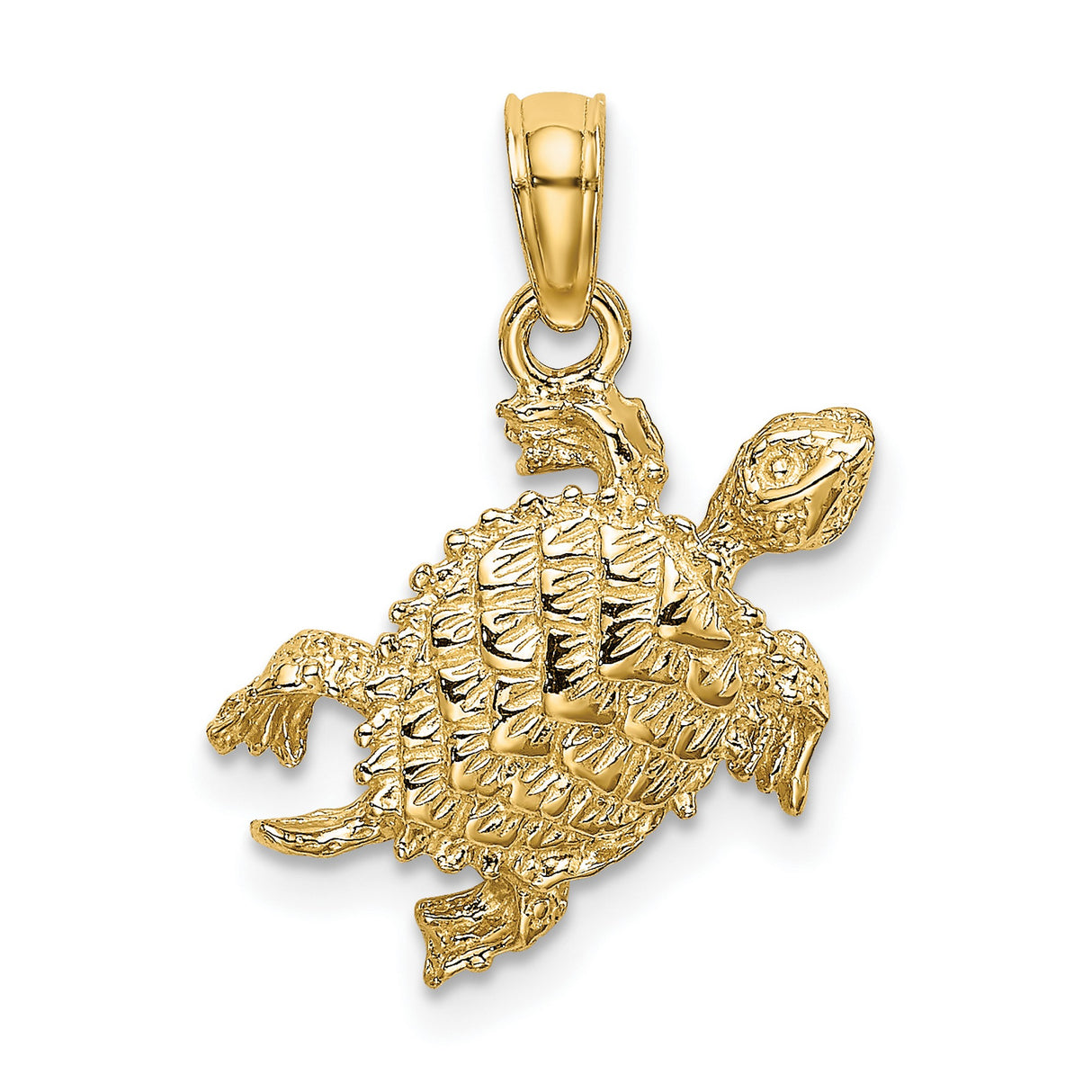 14k Yellow Gold Turtle Pendant with Detailed Texture, Sea Turtle Ocean Animal Charm