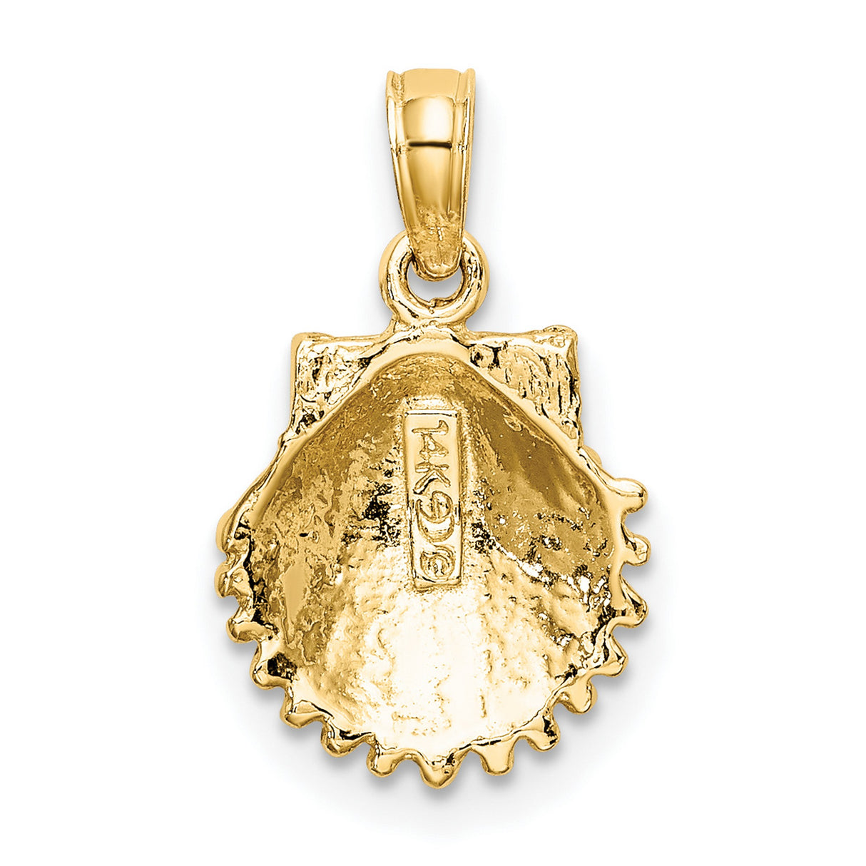 14k Yellow Gold Scallop Shell Pendant with Detailed Camino de Santiago Design