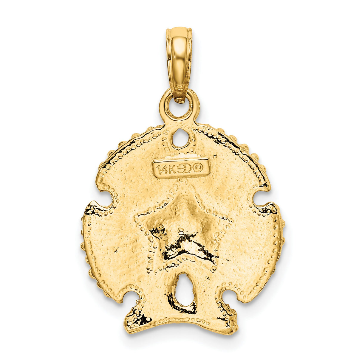 14k Yellow Gold Sand Dollar Pendant with Textured Star Design, Nautical Coastal Charm