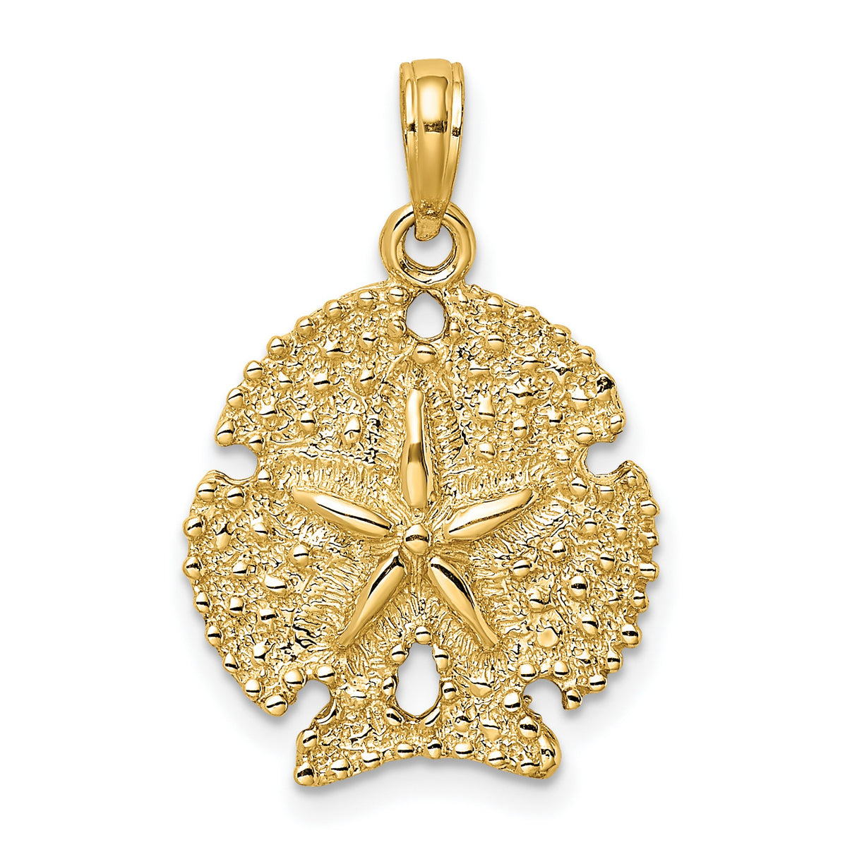 14k Yellow Gold Sand Dollar Pendant with Textured Star Design, Nautical Coastal Charm